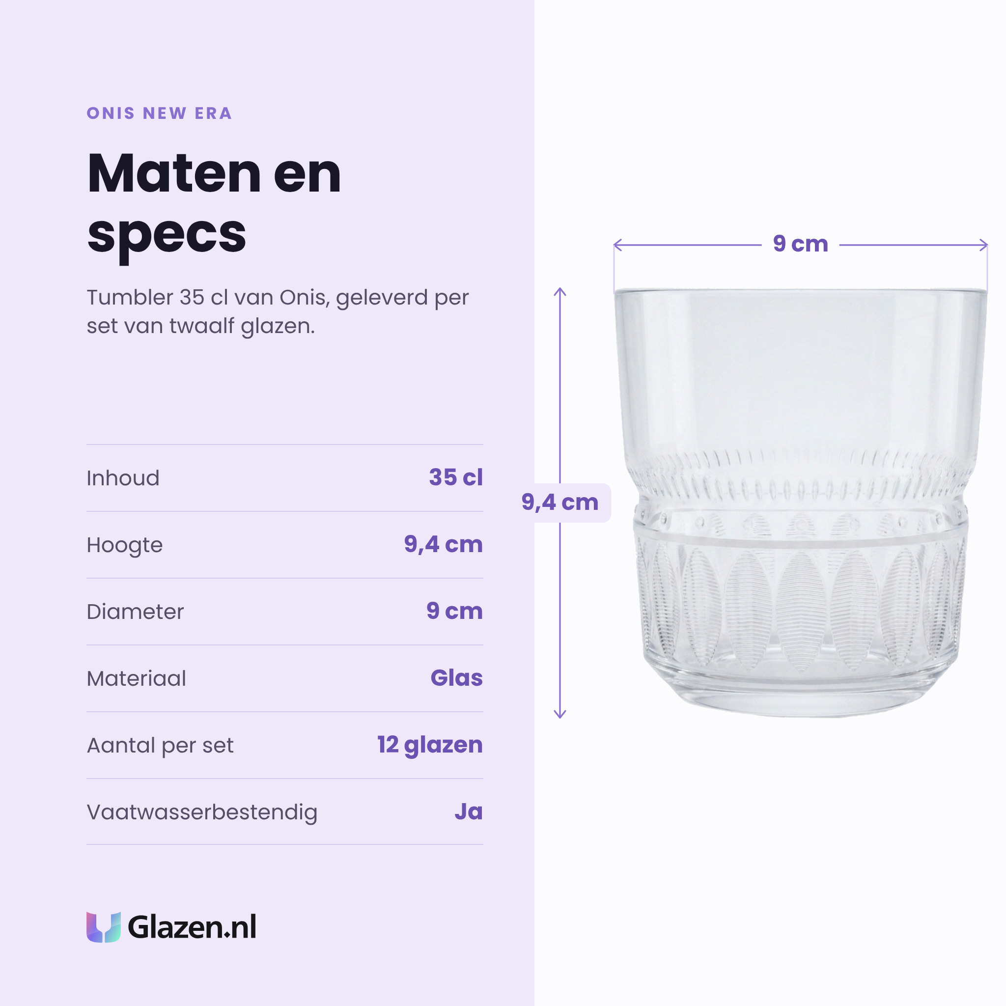 Onis New Era tumbler 35 cl specificaties: inhoud 35 cl, hoogte 9,4 cm, diameter 9 cm, glas, set van 12
