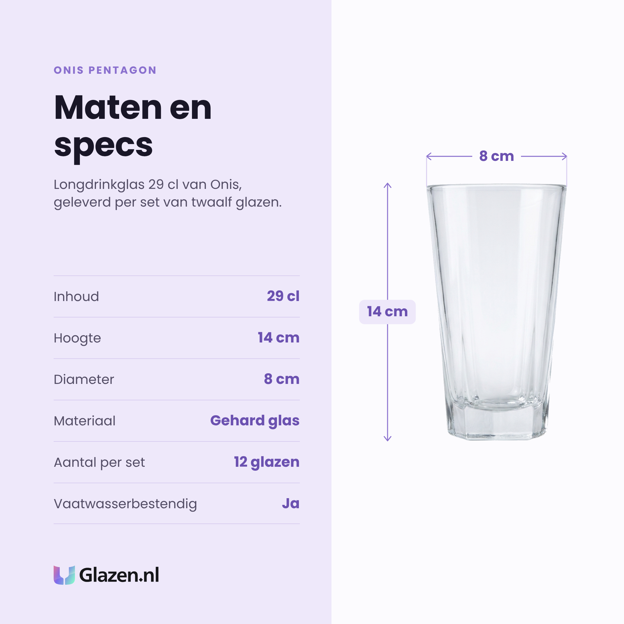 Onis Pentagon longdrinkglas 29 cl specificaties: inhoud 29 cl, hoogte 14 cm, diameter 8 cm, gehard glas, set van 12