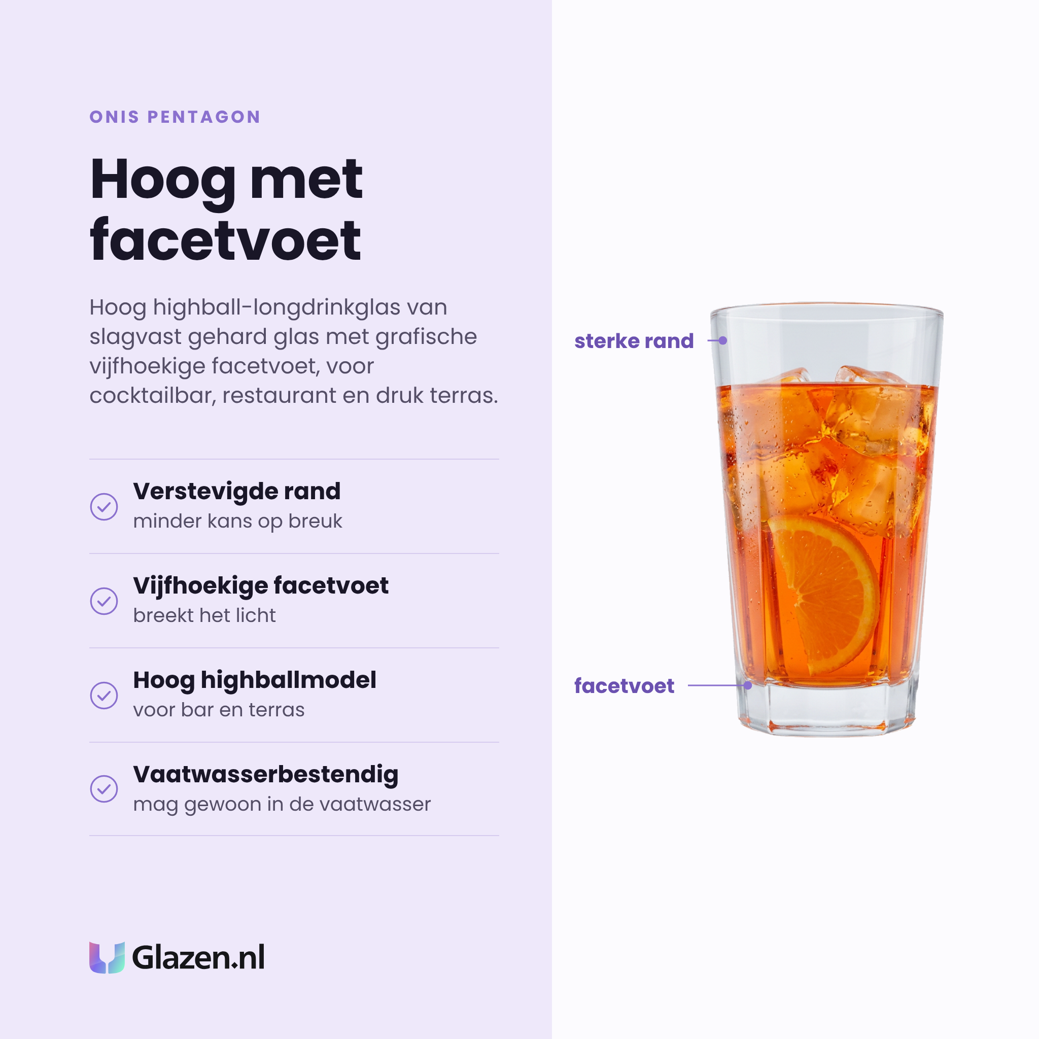 Onis Pentagon longdrinkglas 35 cl eigenschappen: gehard glas met verstevigde rand, vijfhoekige facetvoet, hoog highballmodel, vaatwasserbestendig