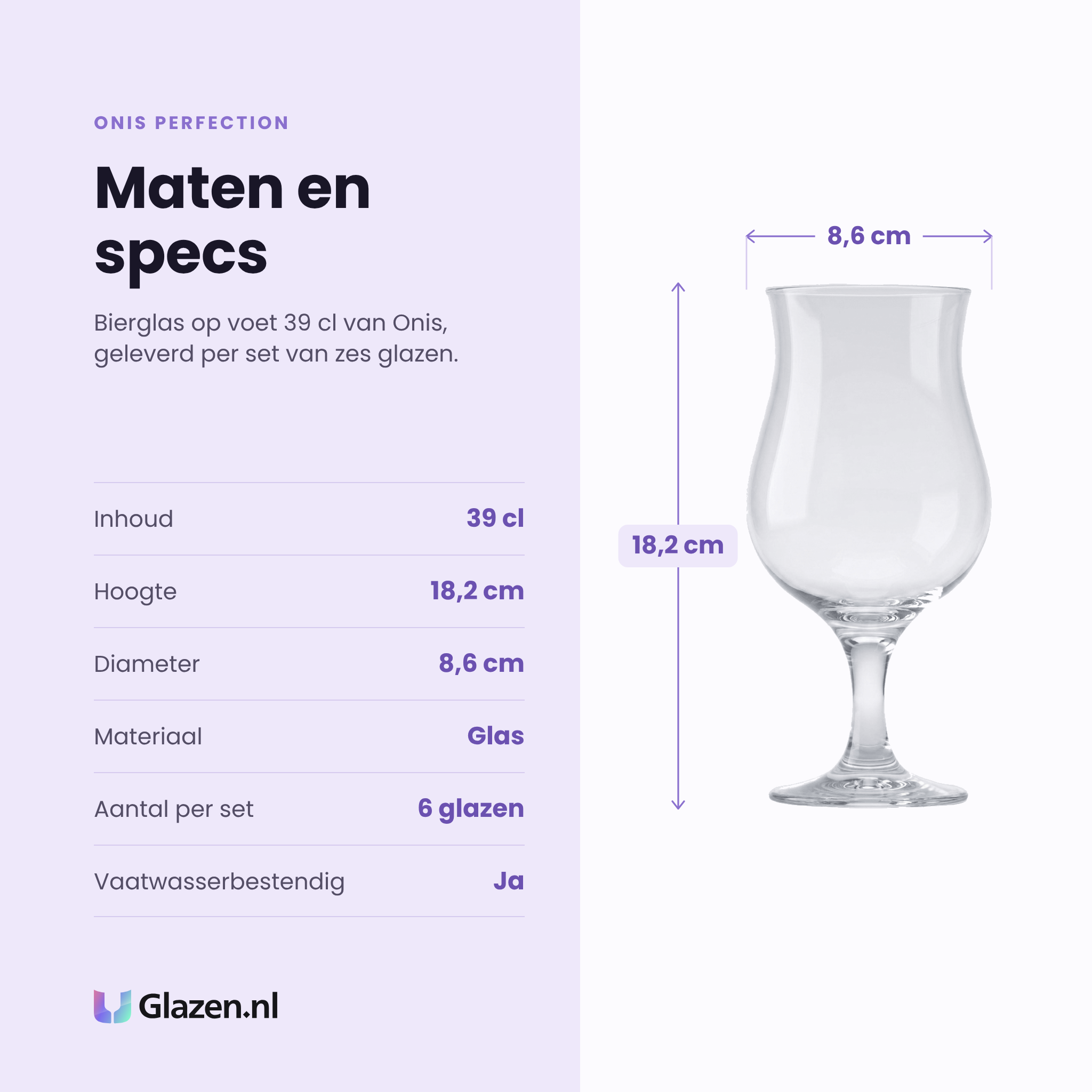 Onis Perfection bierglas op voet 39 cl specificaties: inhoud 39 cl, hoogte 18,2 cm, diameter 8,6 cm, glas, set van 6