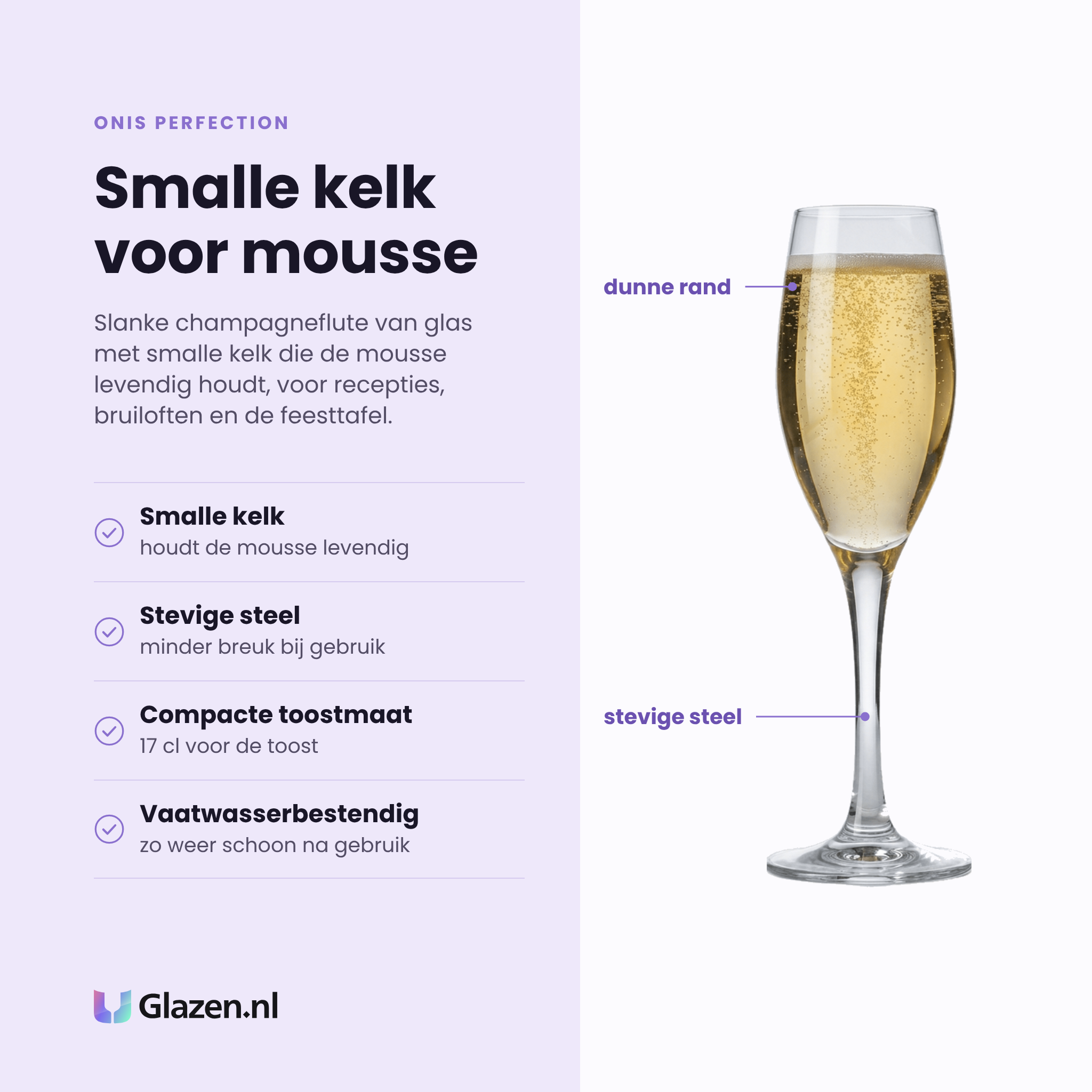 Onis Perfection champagneflute 17 cl eigenschappen: smalle kelk houdt mousse levendig, stevige steel, compacte toostmaat, vaatwasserbestendig