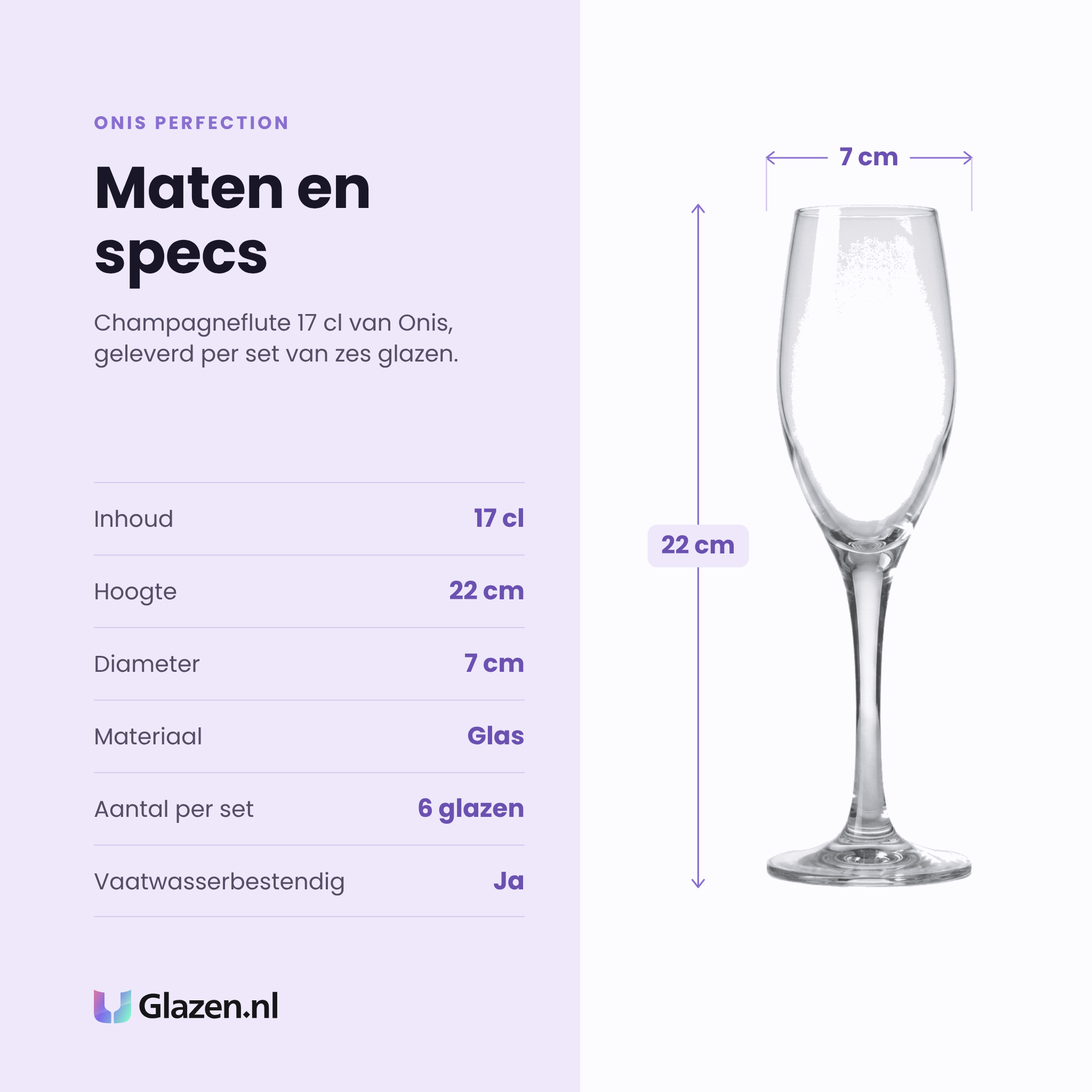 Onis Perfection champagneflute 17 cl specificaties: inhoud 17 cl, hoogte 22 cm, diameter 7 cm, glas, set van 6