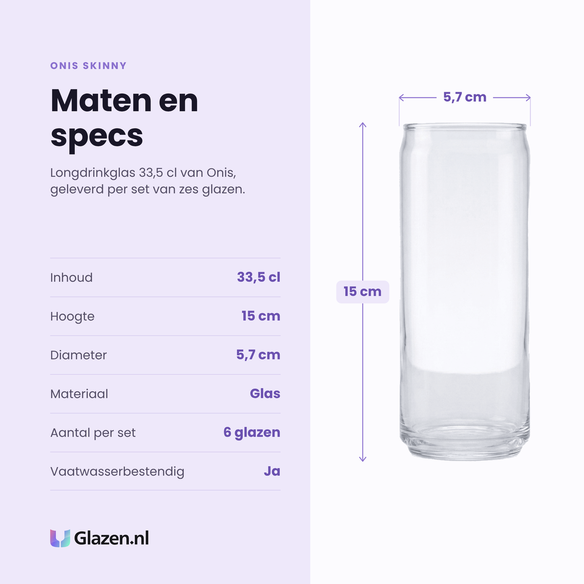 Onis Skinny longdrinkglas 33,5 cl specificaties: inhoud 33,5 cl, hoogte 15 cm, diameter 5,7 cm, glas, set van 6