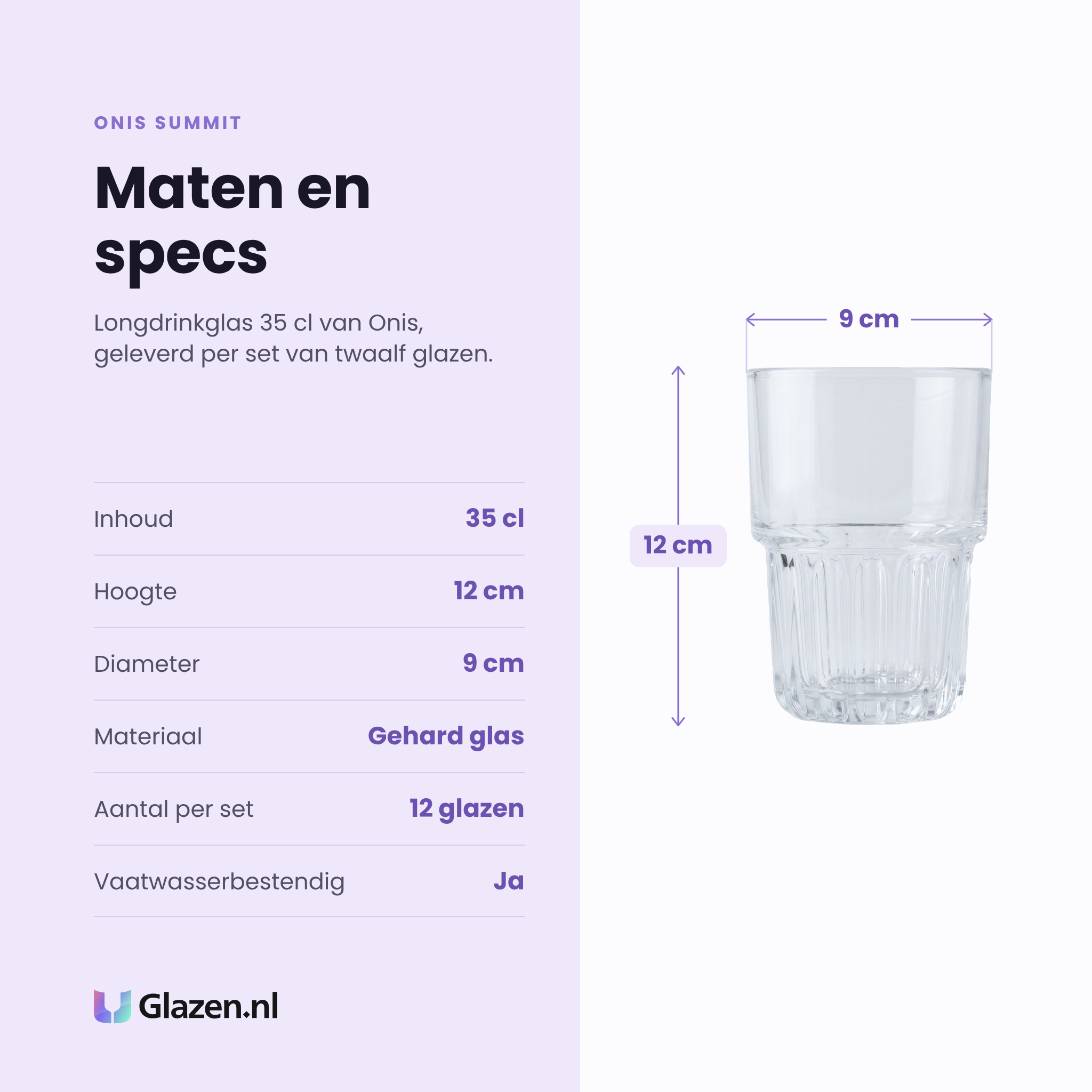 Onis Summit longdrinkglas 35 cl specificaties: inhoud 35 cl, hoogte 12 cm, diameter 9 cm, gehard glas, set van 12