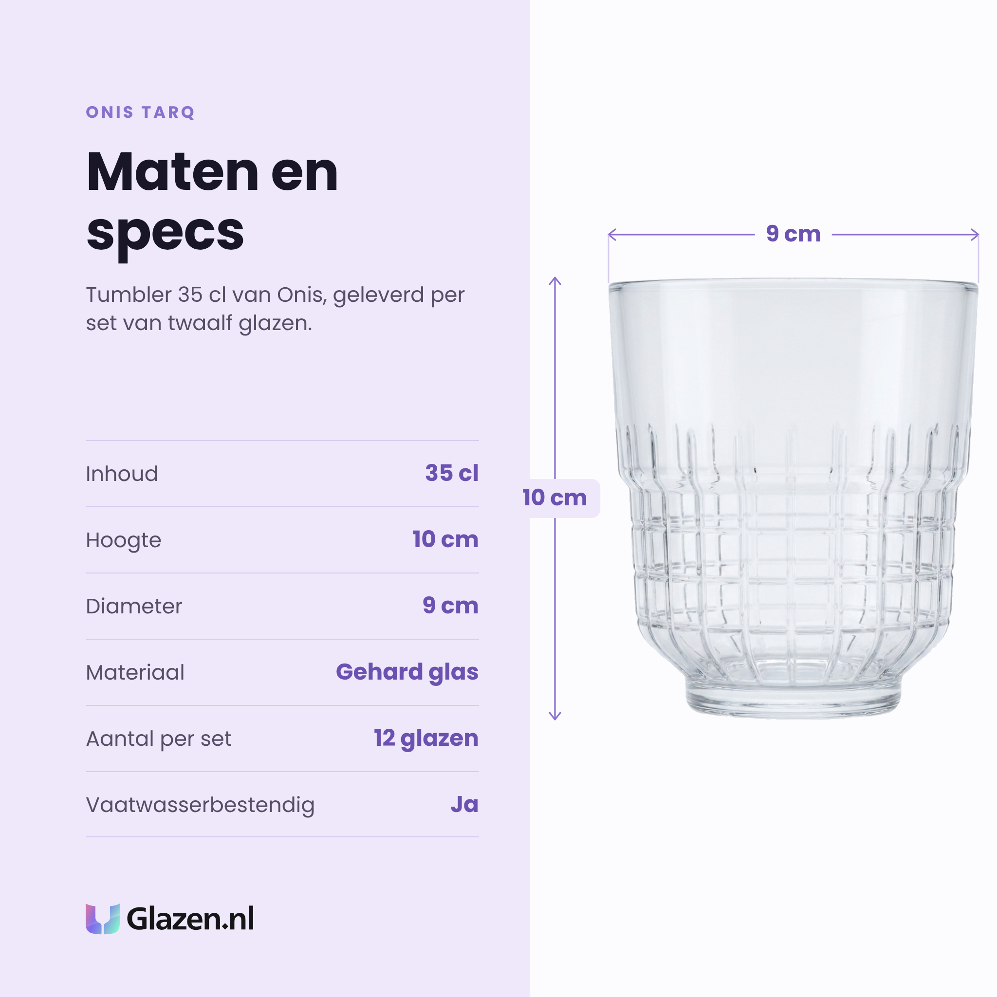 Onis Tarq tumbler 35 cl specificaties: inhoud 35 cl, hoogte 10 cm, diameter 9 cm, gehard glas, set van 12