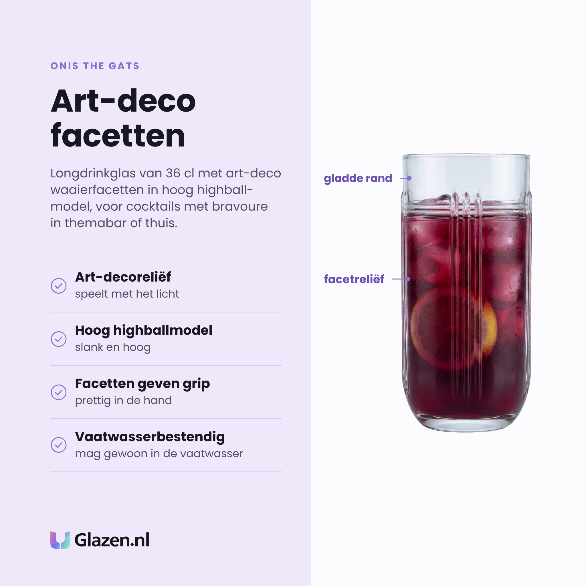Onis The Gats longdrinkglas 36 cl eigenschappen: art-decoreliëf, hoog highballmodel, facetten geven grip, vaatwasserbestendig