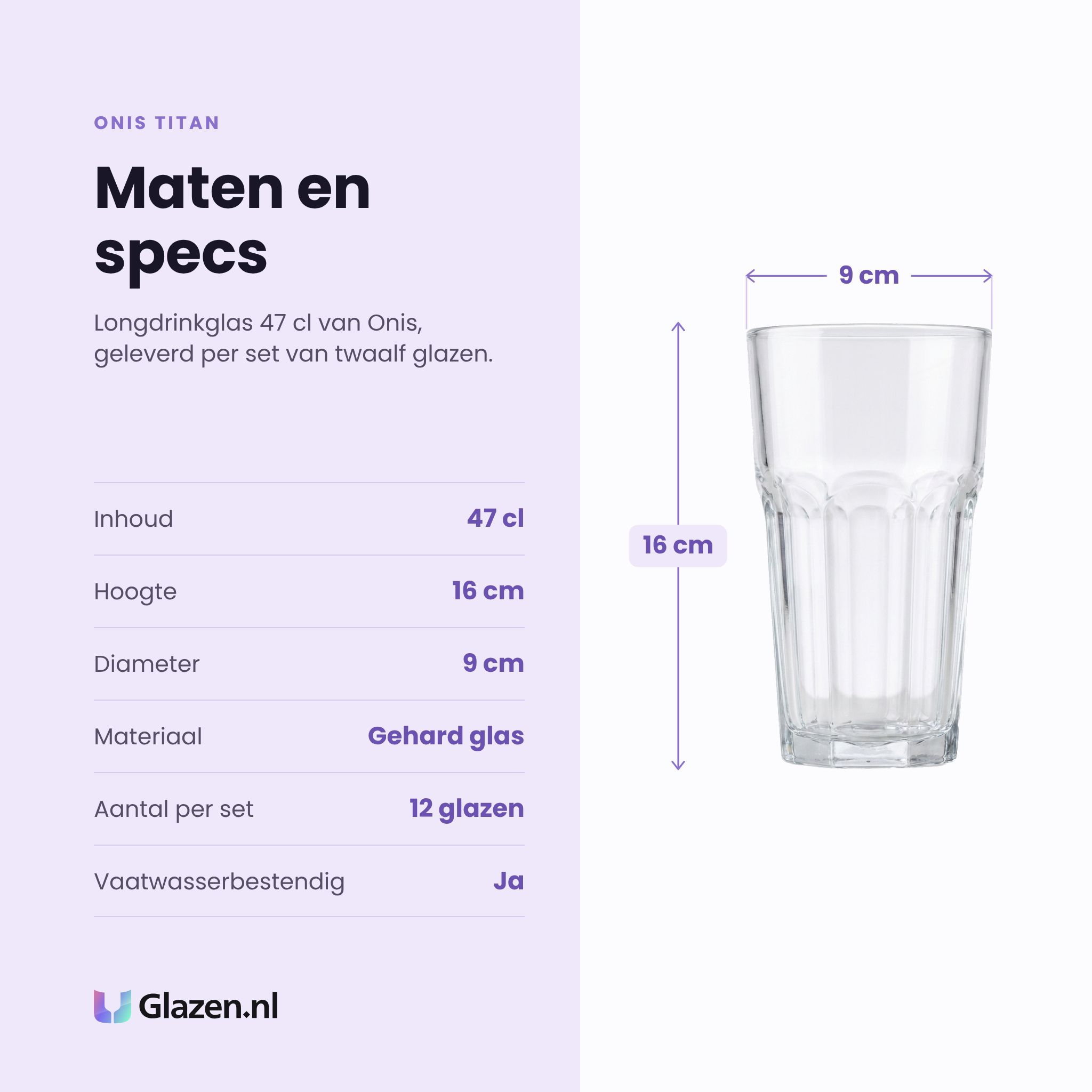 Onis Titan longdrinkglas 47 cl specificaties: inhoud 47 cl, hoogte 16 cm, diameter 9 cm, gehard glas, set van 12