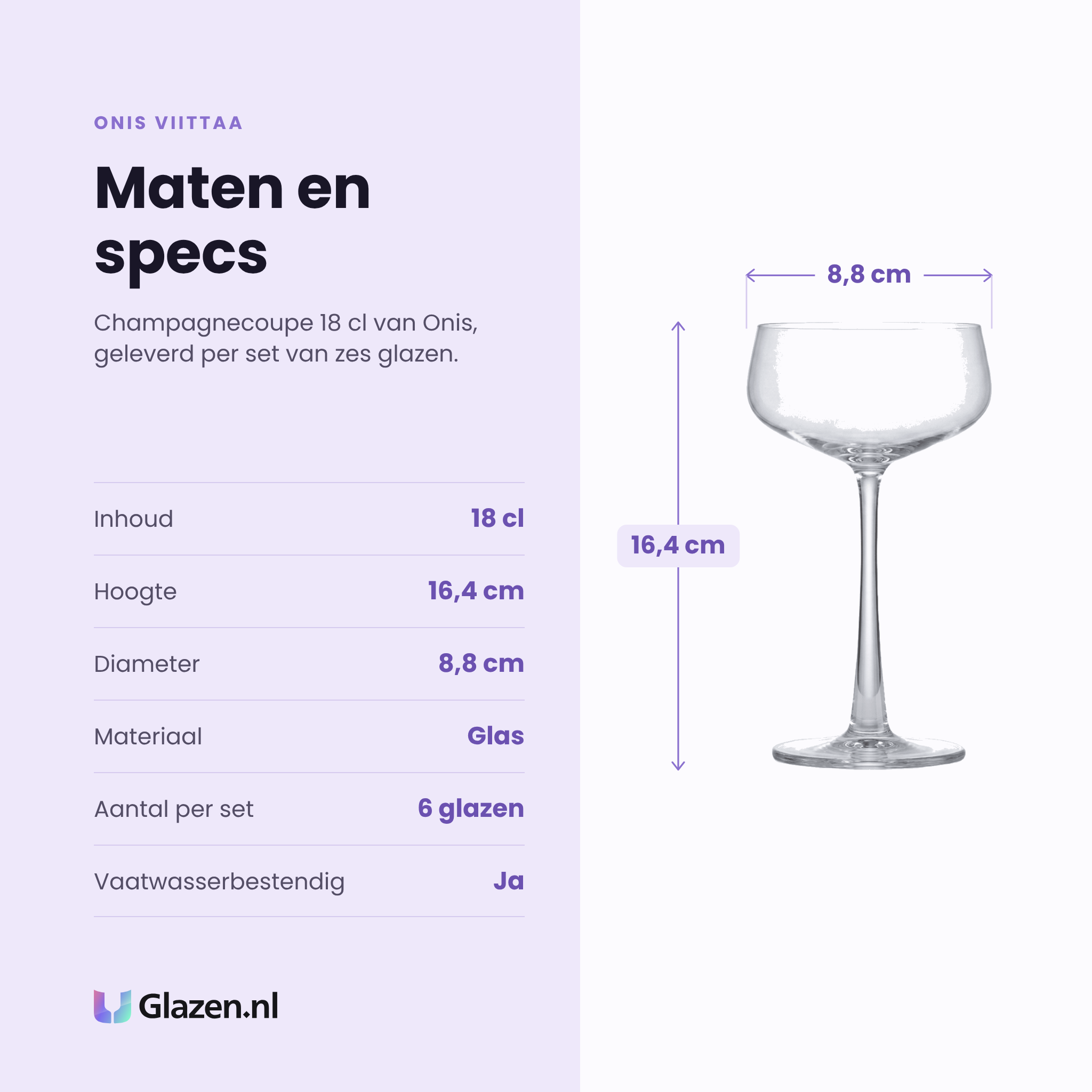 Onis Viittaa champagnecoupe 18 cl specificaties: inhoud 18 cl, hoogte 16,4 cm, diameter 8,8 cm, glas, set van 6