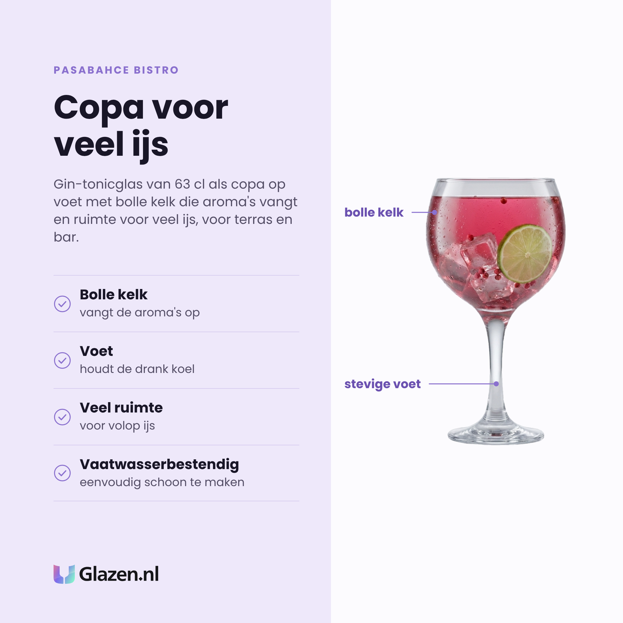 Pasabahce Bistro gin-tonicglas 63 cl eigenschappen: bolle kelk vangt aroma's, voet houdt drank koel, veel ruimte voor ijs, vaatwasserbestendig