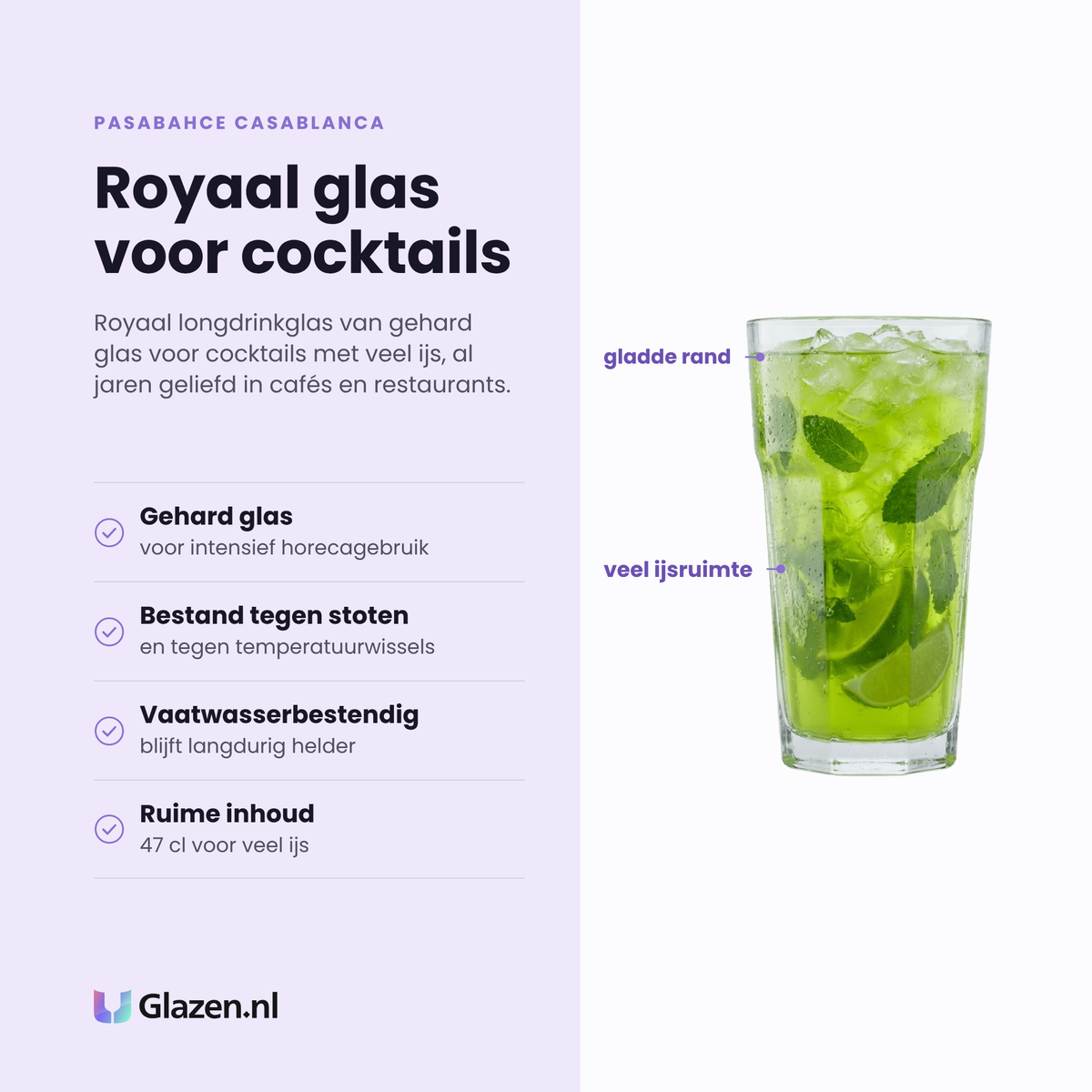 Pasabahce Casablanca longdrinkglas 47 cl eigenschappen: gehard glas, bestand tegen stoten, vaatwasserbestendig, ruime inhoud