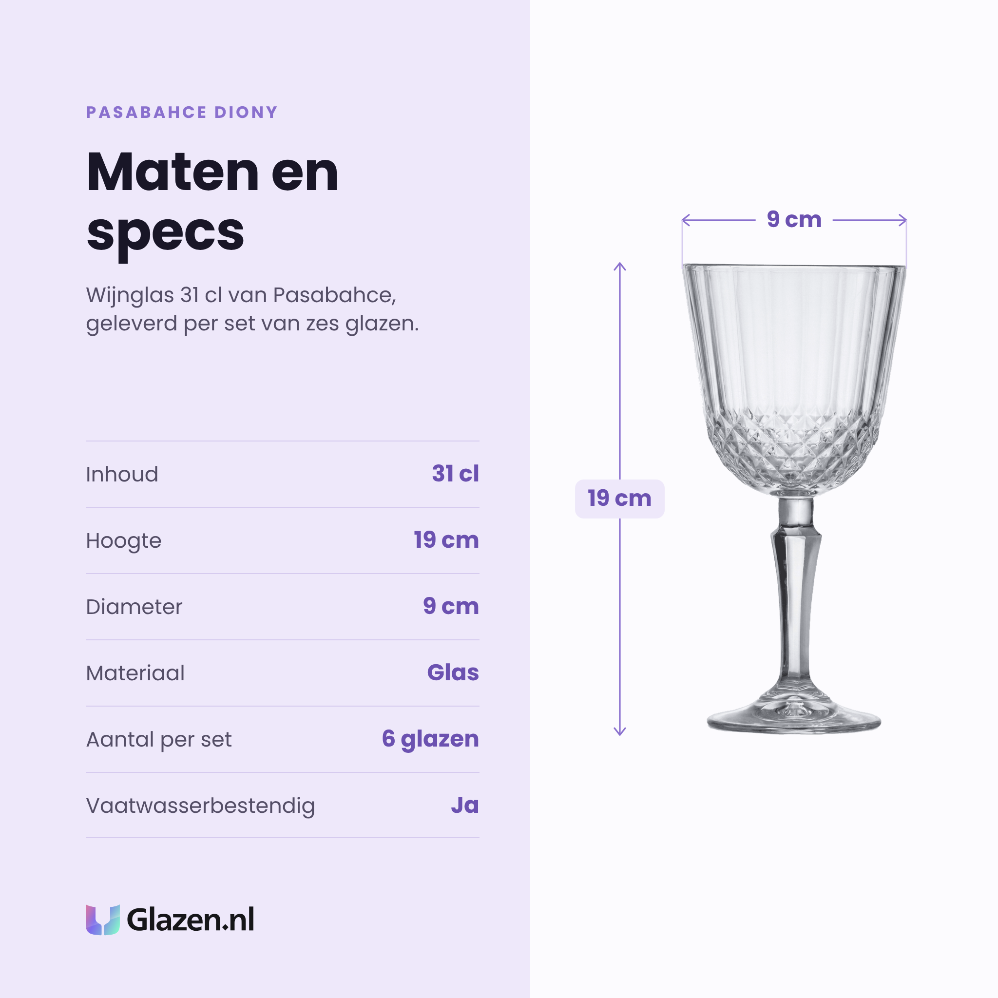 Pasabahce Diony wijnglas 31 cl specificaties: inhoud 31 cl, hoogte 19 cm, diameter 9 cm, glas, set van 6