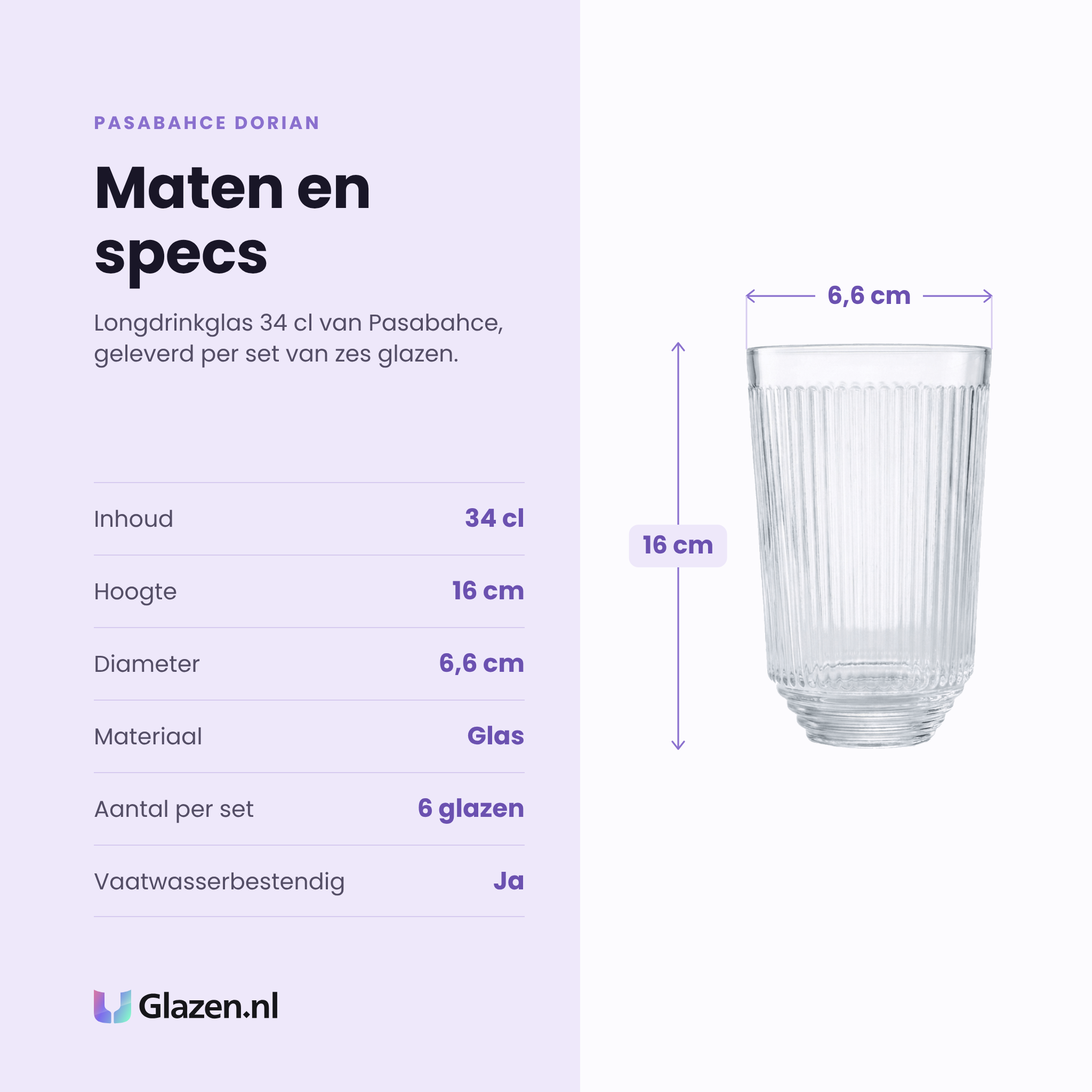 Pasabahce Dorian longdrinkglas 34 cl specificaties: inhoud 34 cl, hoogte 16 cm, diameter 6,6 cm, glas, set van 6