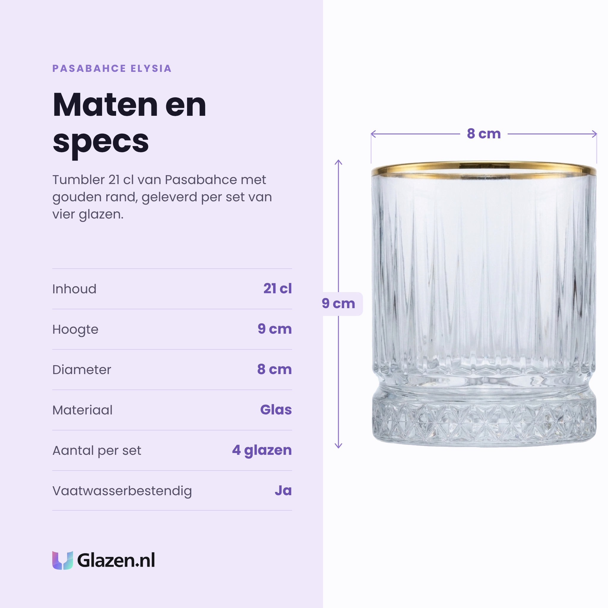 Pasabahce Elysia tumbler 21 cl gouden rand specificaties: inhoud 21 cl, hoogte 9 cm, diameter 8 cm, glas, set van 4