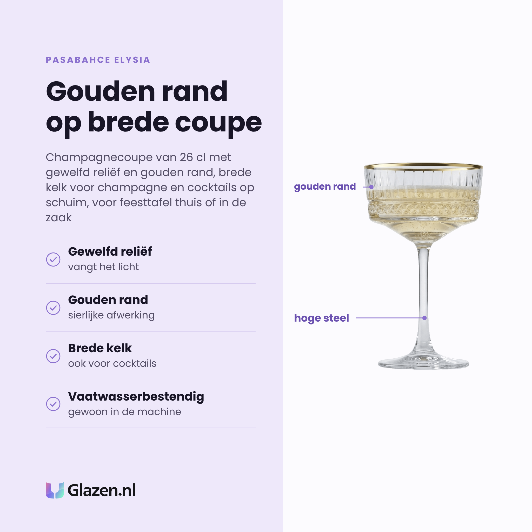 Pasabahce Elysia champagnecoupe 26 cl eigenschappen: gewelfd reliëf, gouden rand, brede kelk voor cocktails, vaatwasserbestendig