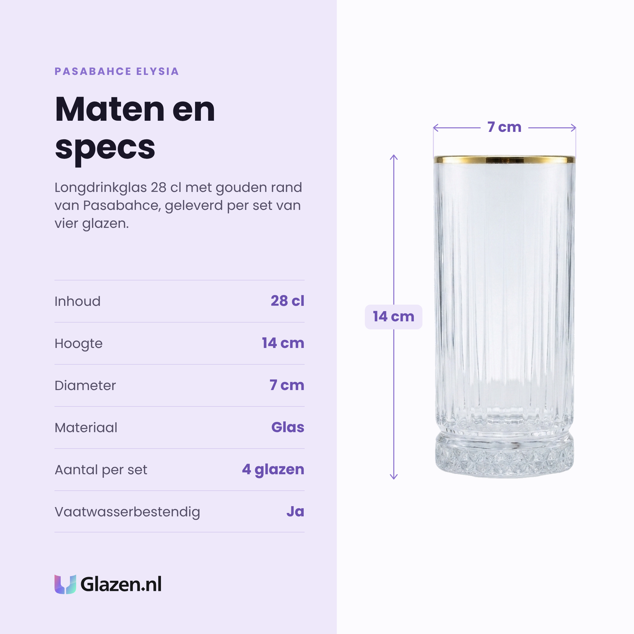 Pasabahce Elysia longdrinkglas 28 cl gouden rand specificaties: inhoud 28 cl, hoogte 14 cm, diameter 7 cm, glas, set van 4