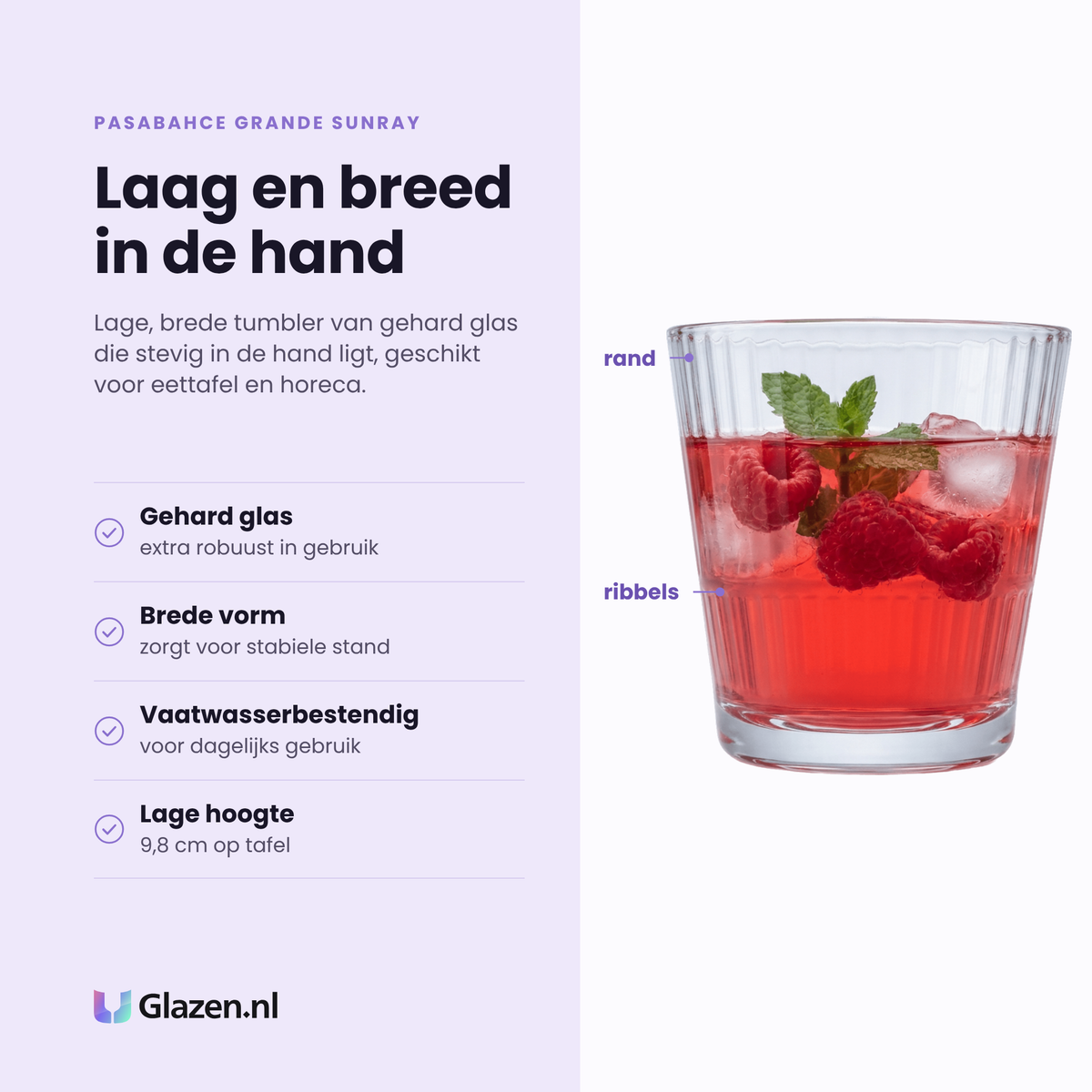 Pasabahce Grande Sunray tumbler 29 cl eigenschappen: gehard glas, brede stabiele vorm, vaatwasserbestendig, lage hoogte