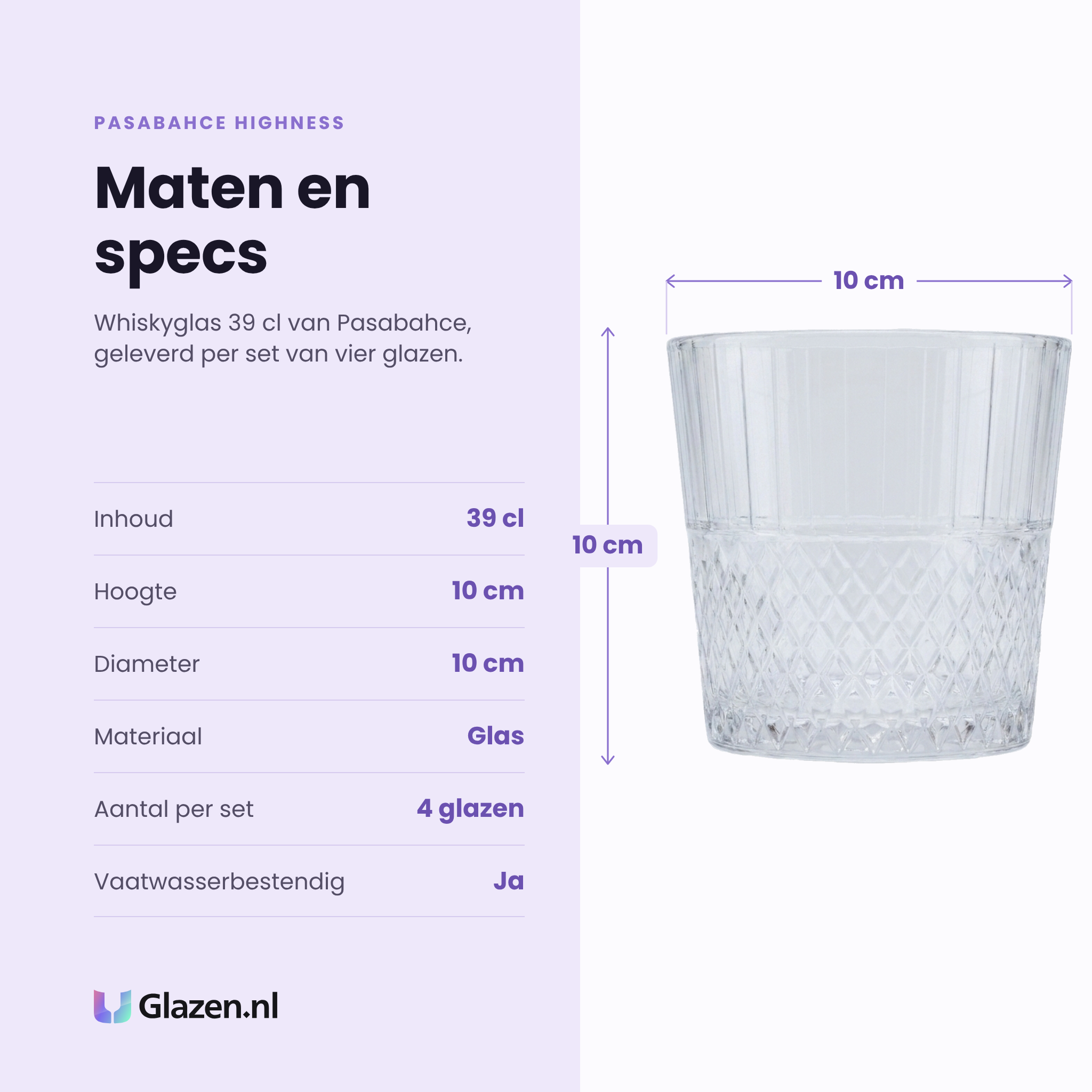 Pasabahce Highness whiskyglas 39 cl specificaties: inhoud 39 cl, hoogte 10 cm, diameter 10 cm, glas, set van 4