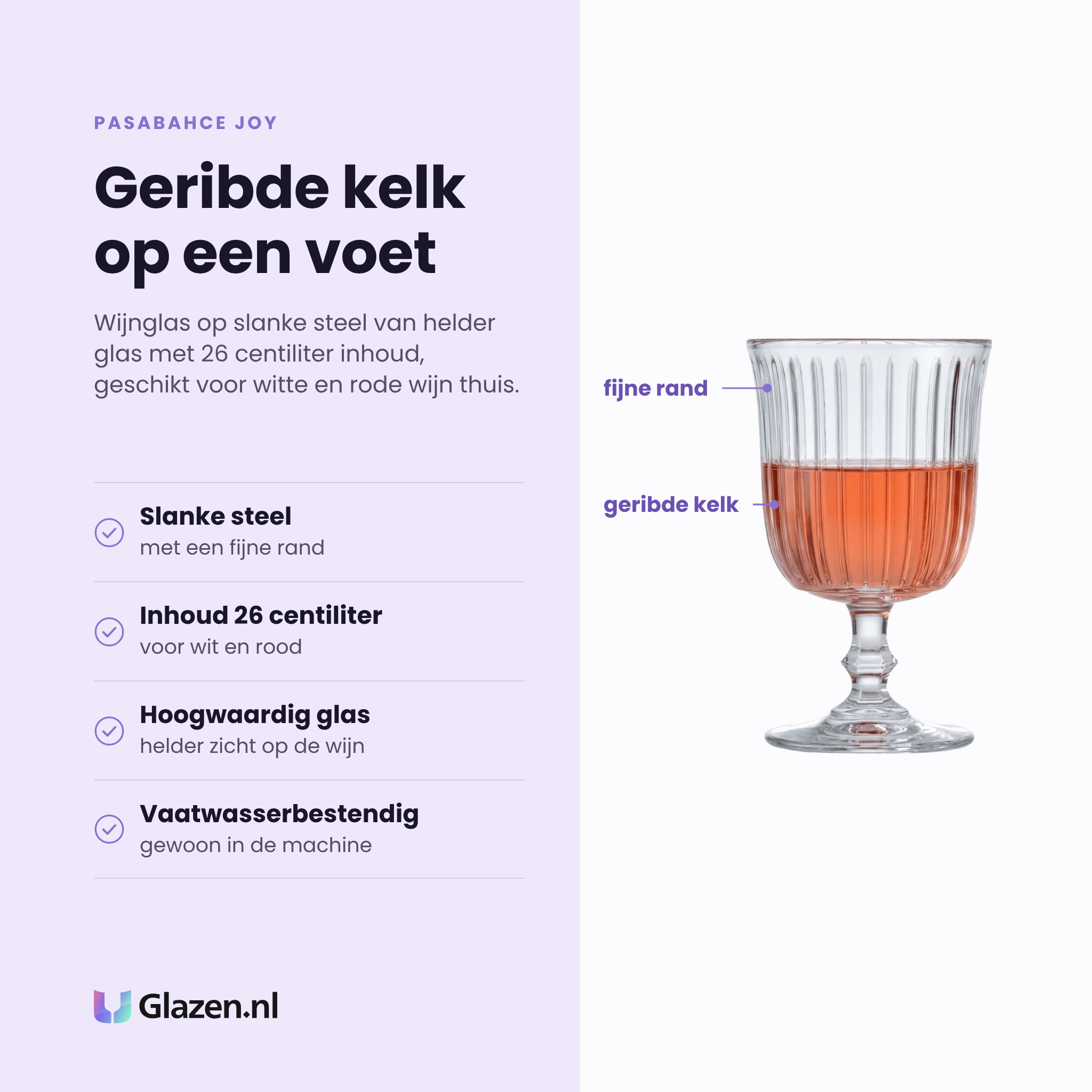 Pasabahce Joy wijnglas 26 cl eigenschappen: geribde kelk op een voet, fijne rand, hoogwaardig helder glas, vaatwasserbestendig