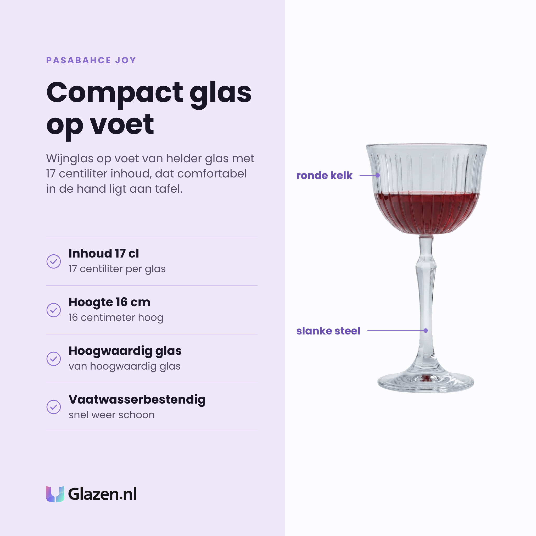 Pasabahce Joy wijnglas 17 cl eigenschappen: inhoud 17 cl, hoogte 16 cm, hoogwaardig glas, vaatwasserbestendig