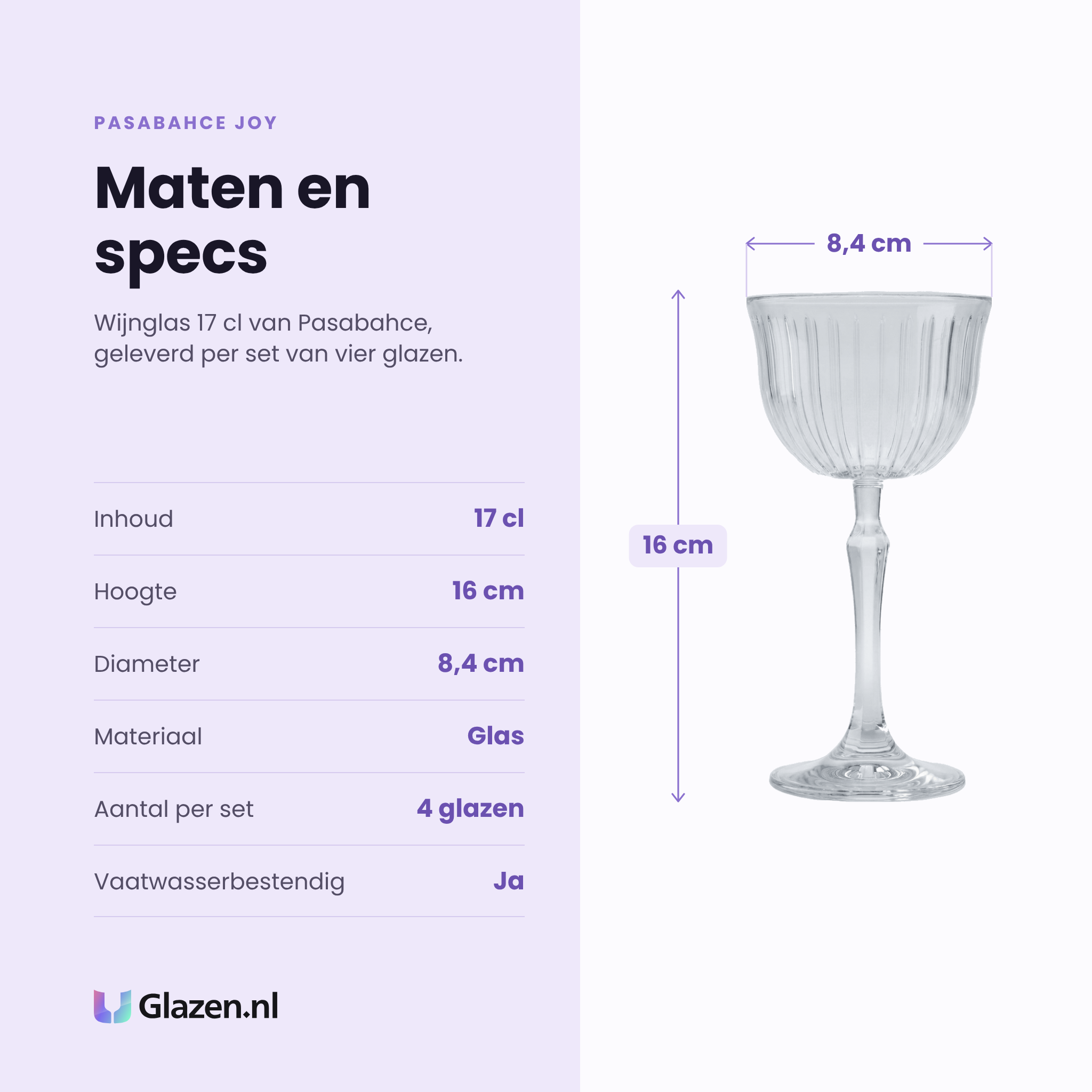 Pasabahce Joy wijnglas 17 cl specificaties: inhoud 17 cl, hoogte 16 cm, diameter 8,4 cm, glas, set van 4