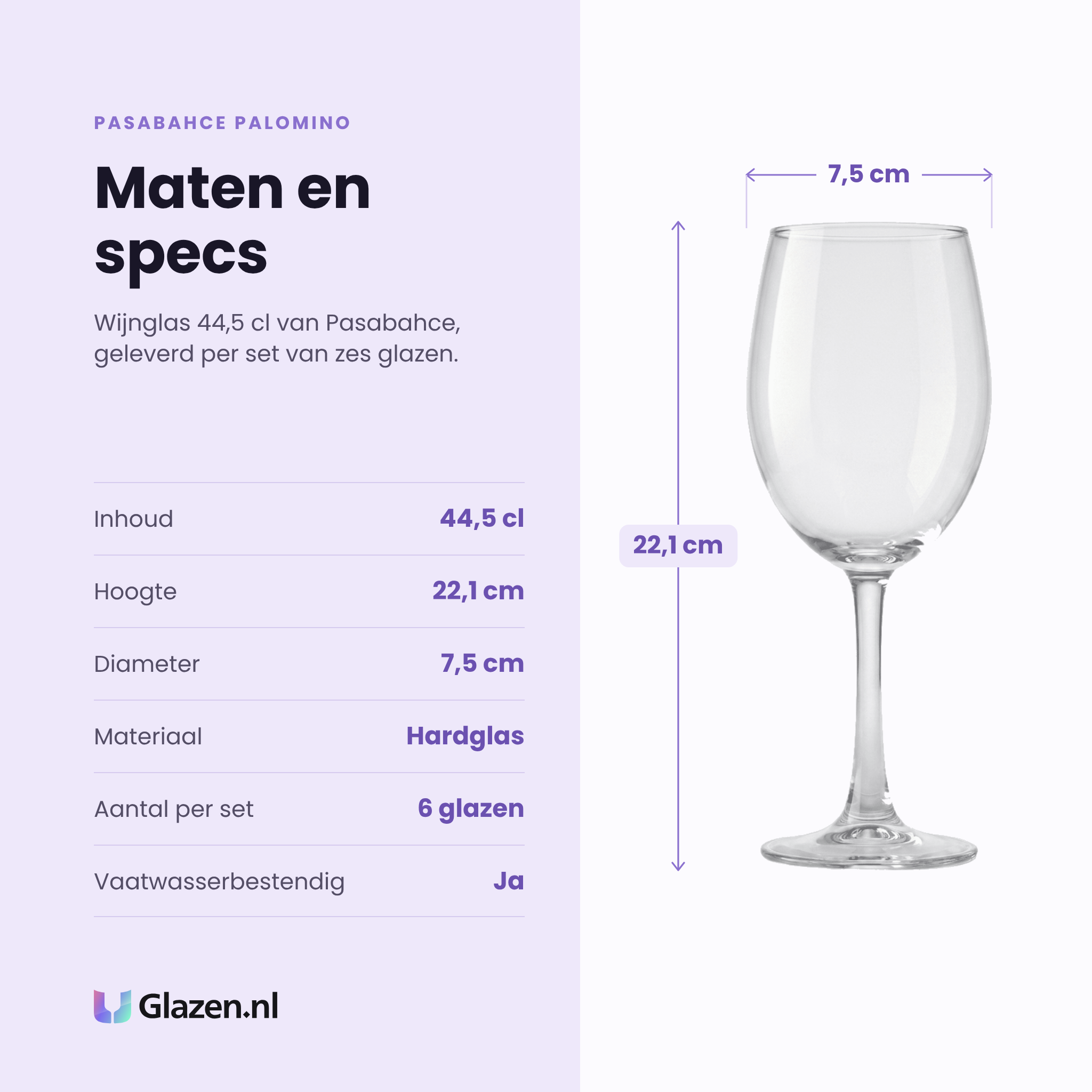 Pasabahce Palomino wijnglas 44,5 cl specificaties: inhoud 44,5 cl, hoogte 22,1 cm, diameter 7,5 cm, hardglas, set van 6