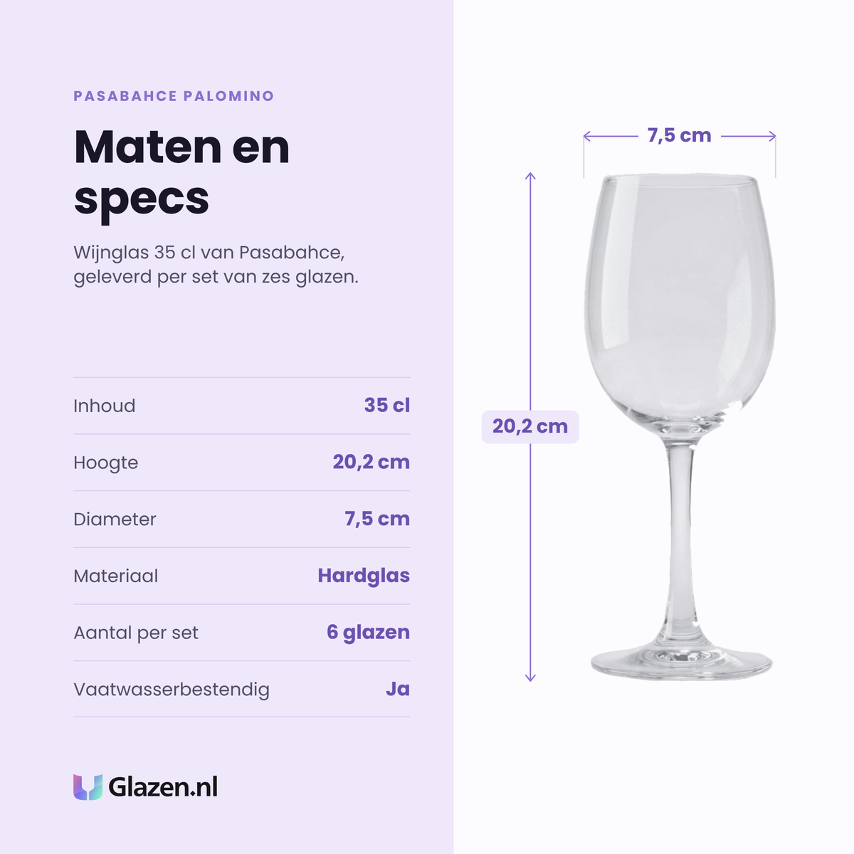 Pasabahce Palomino wijnglas 35 cl specificaties: inhoud 35 cl, hoogte 20,2 cm, diameter 7,5 cm, hardglas, set van 6