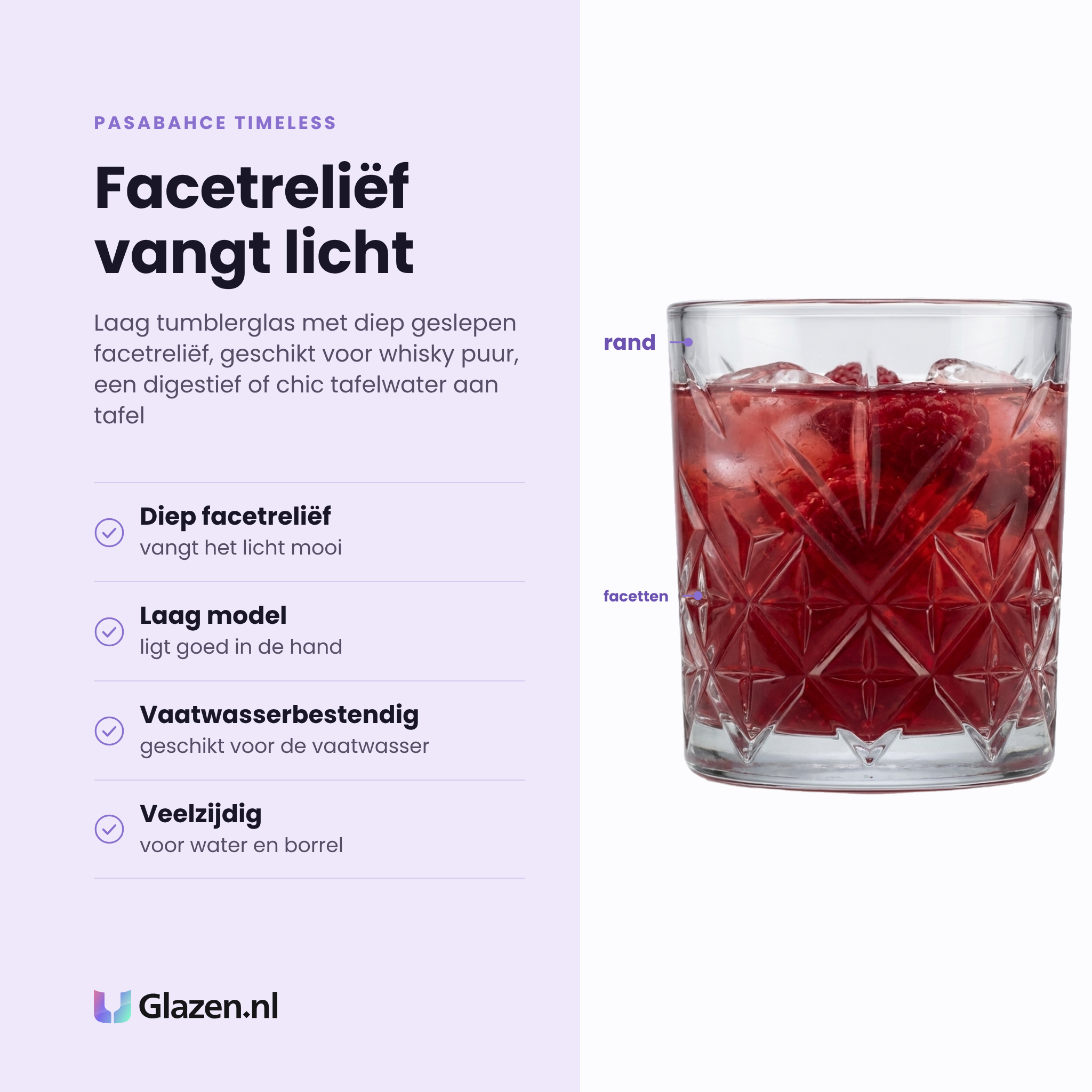 Pasabahce Timeless tumbler 21 cl eigenschappen: diep facetreliëf, laag model, vaatwasserbestendig, veelzijdig voor water en borrel