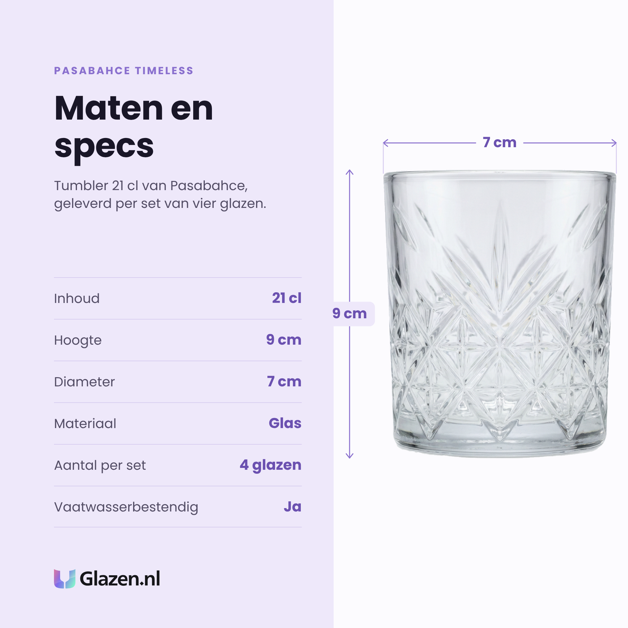 Pasabahce Timeless tumbler 21 cl specificaties: inhoud 21 cl, hoogte 9 cm, diameter 7 cm, glas, set van 4