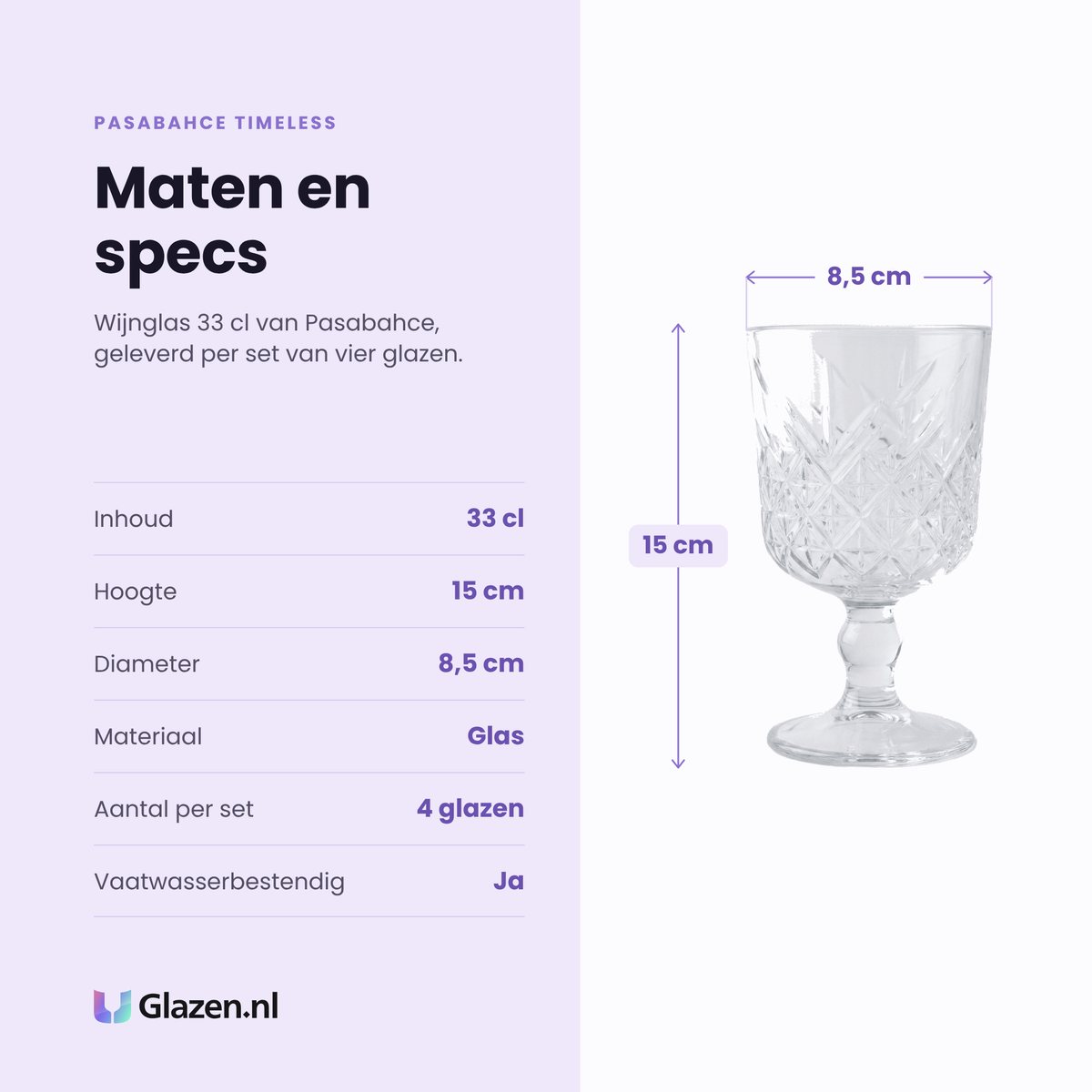 Pasabahce Timeless wijnglas 33 cl specificaties: inhoud 33 cl, hoogte 15 cm, diameter 8,5 cm, glas, set van 4