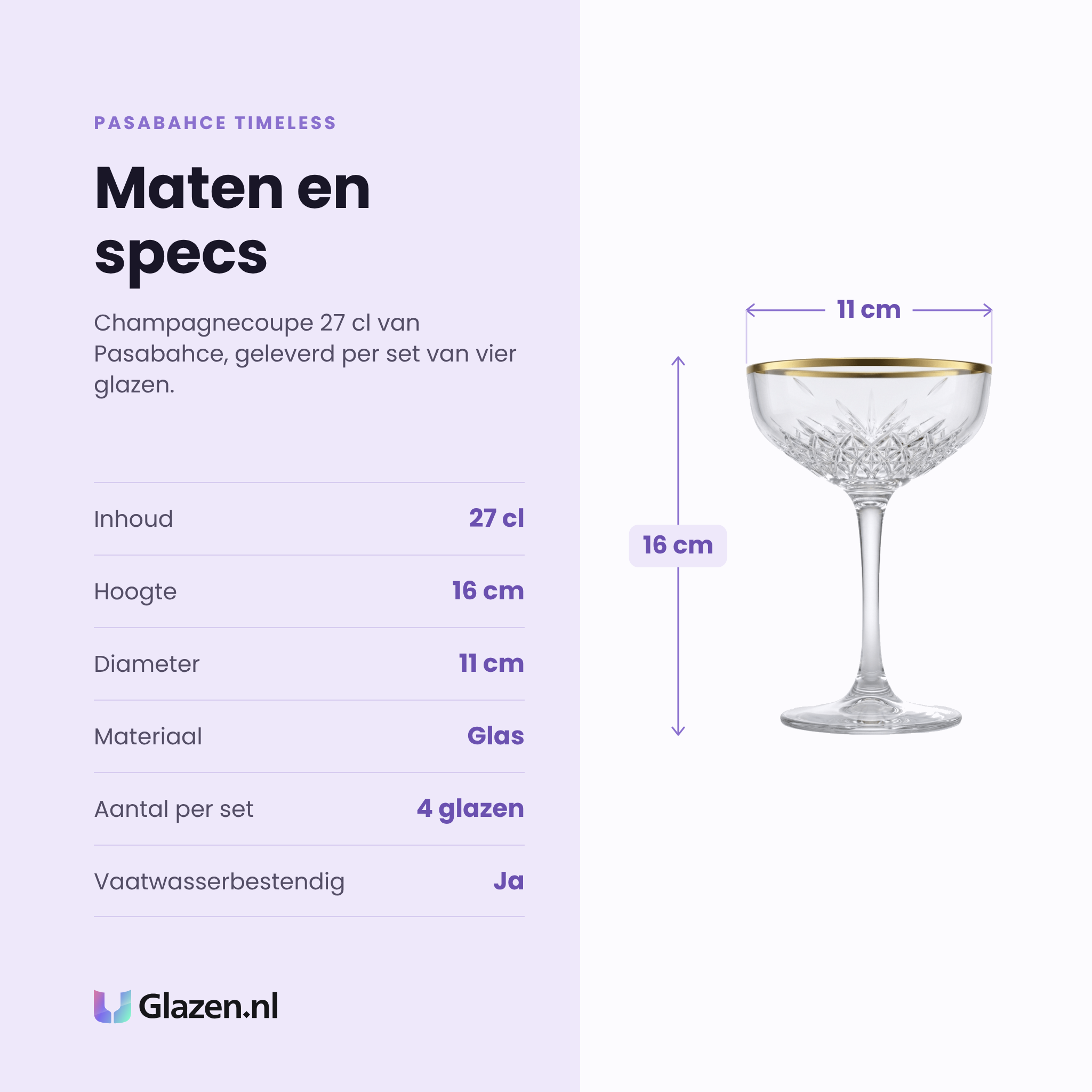 Pasabahce Timeless champagnecoupe 27 cl gouden rand specificaties: inhoud 27 cl, hoogte 16 cm, diameter 11 cm, glas, set van 4