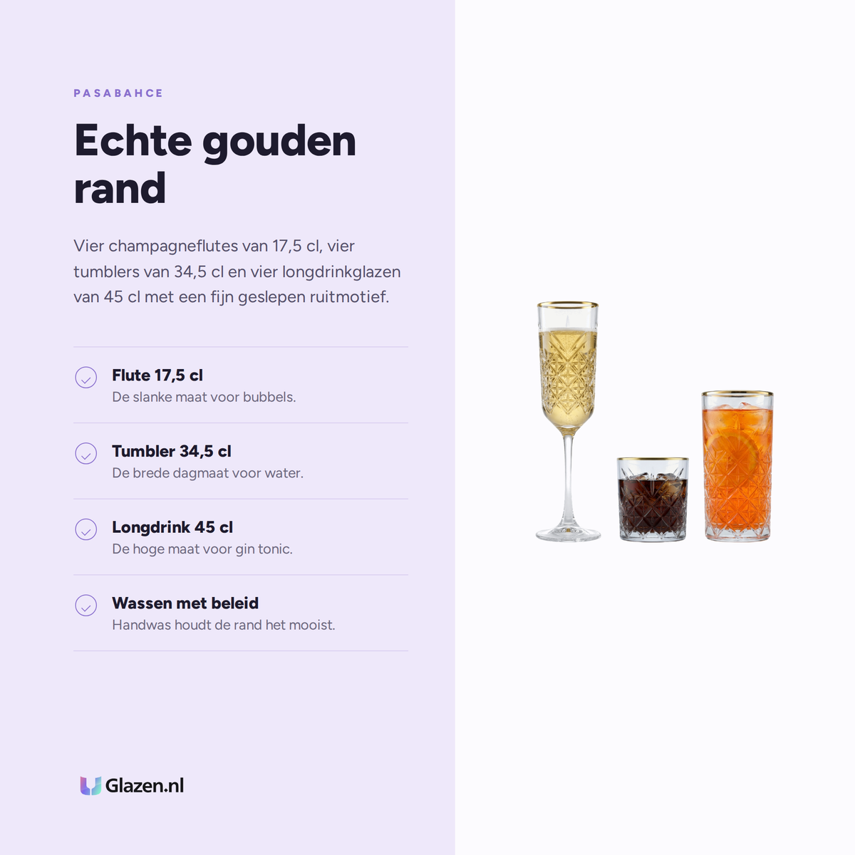 Eigenschappen van de Pasabahce Timeless Gouden Rand Set 12-Delig (Champagne, Tumbler & Longdrink)