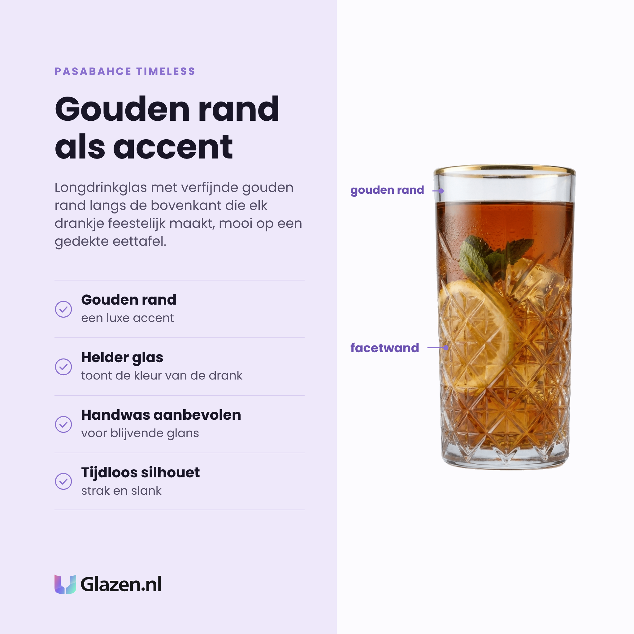 Pasabahce Timeless longdrinkglas 29,5 cl eigenschappen: gouden rand, helder glas, handwas aanbevolen, tijdloos silhouet
