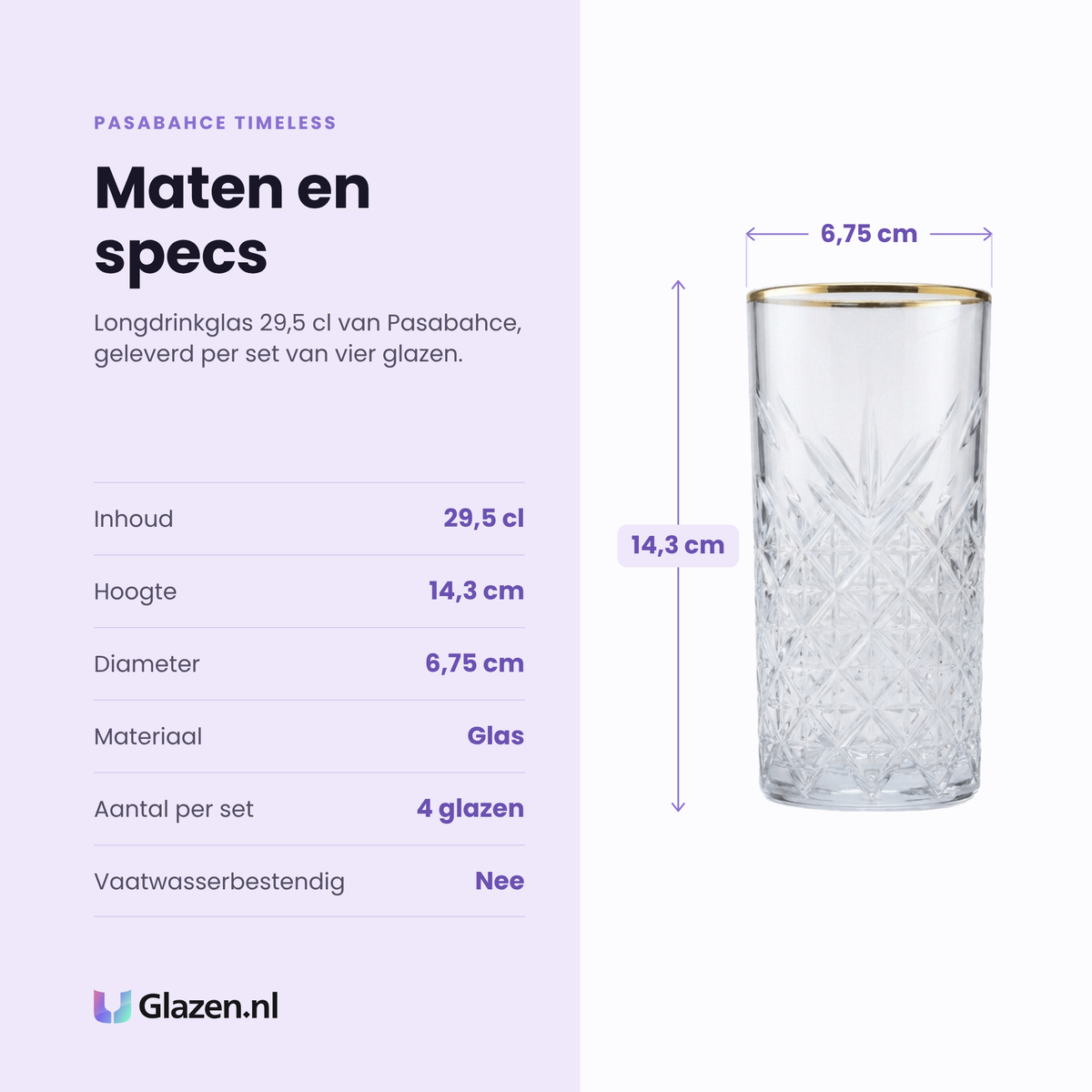 Pasabahce Timeless longdrinkglas 29,5 cl specificaties: inhoud 29,5 cl, hoogte 14,3 cm, diameter 6,75 cm, glas, set van 4