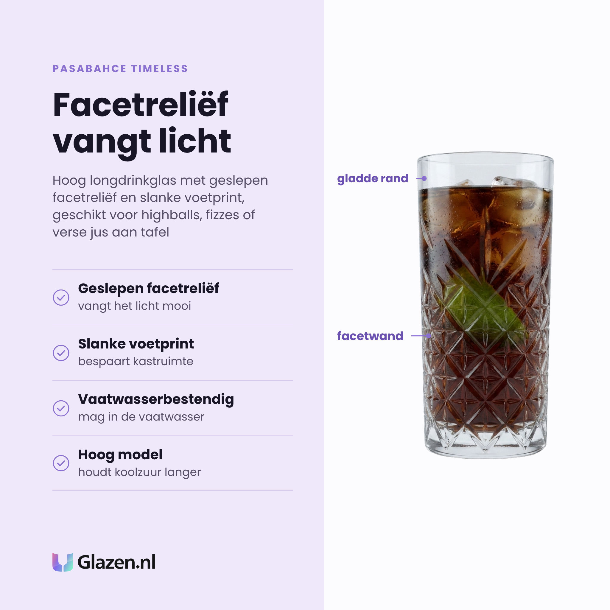 Pasabahce Timeless longdrinkglas 30 cl eigenschappen: geslepen facetreliëf, slanke voetprint, vaatwasserbestendig, hoog model
