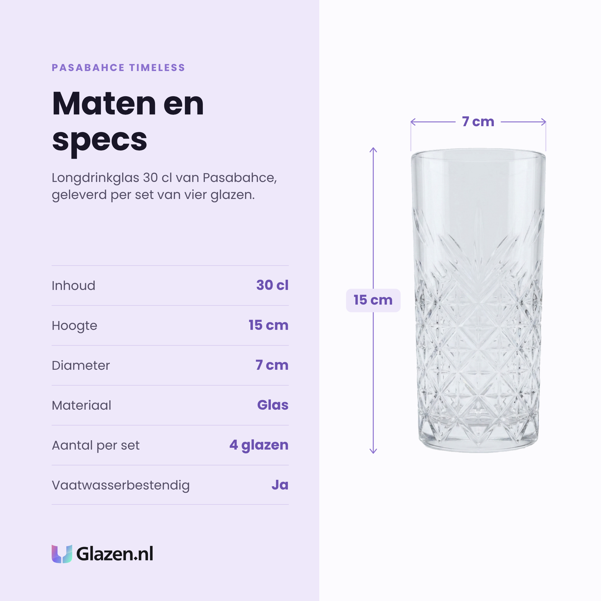 Pasabahce Timeless longdrinkglas 30 cl specificaties: inhoud 30 cl, hoogte 15 cm, diameter 7 cm, glas, set van 4