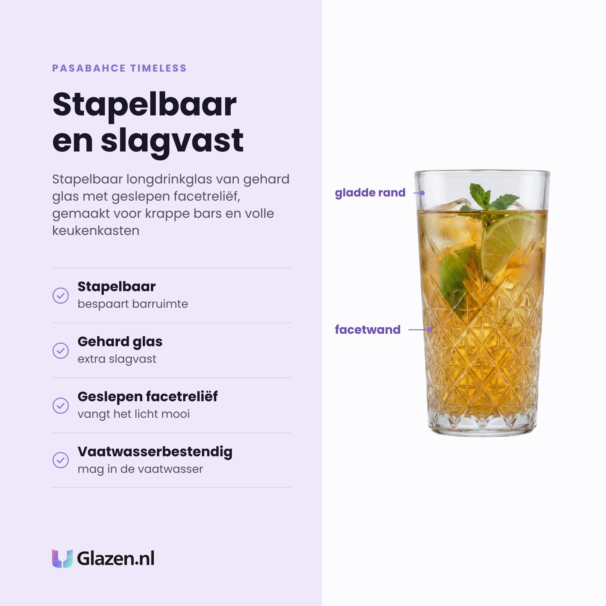 Pasabahce Timeless longdrinkglas 35,5 cl eigenschappen: stapelbaar, gehard glas, geslepen facetreliëf, vaatwasserbestendig