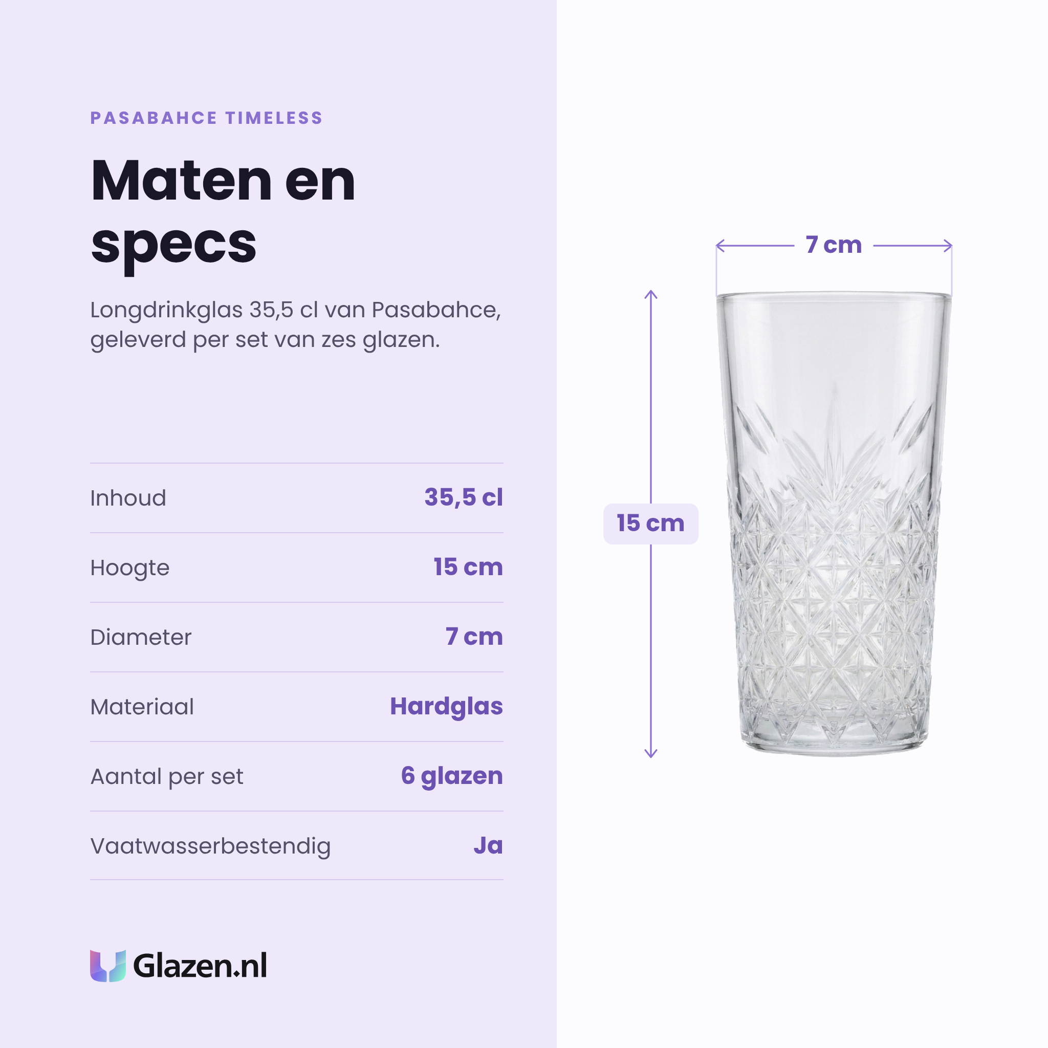 Pasabahce Timeless longdrinkglas 35,5 cl specificaties: inhoud 35,5 cl, hoogte 15 cm, diameter 7 cm, hardglas, set van 6