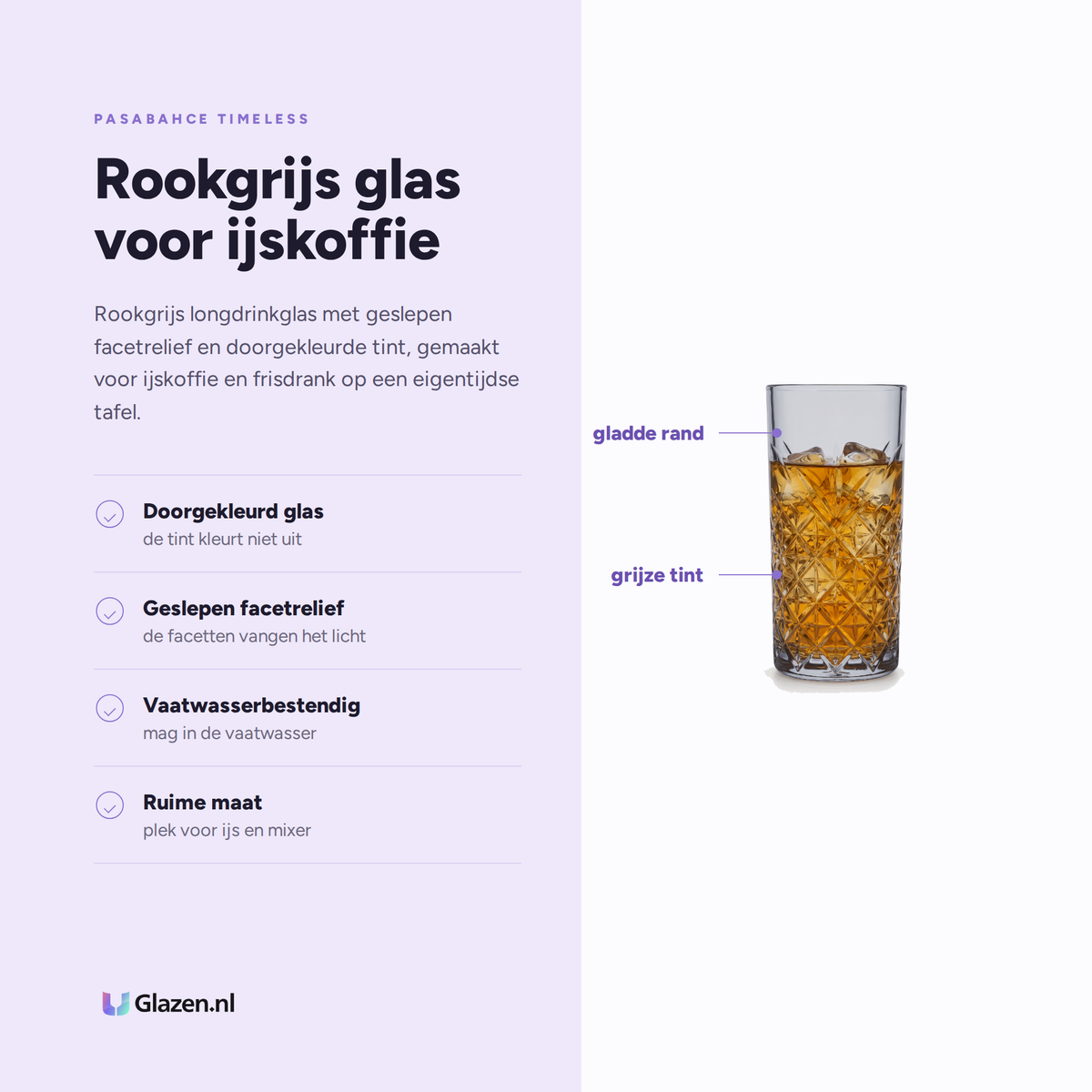 Pasabahce Timeless Longdrinkglas 45 Cl Grijs eigenschappen: doorgekleurd glas, geslepen facetrelief, vaatwasserbestendig, ruime maat
