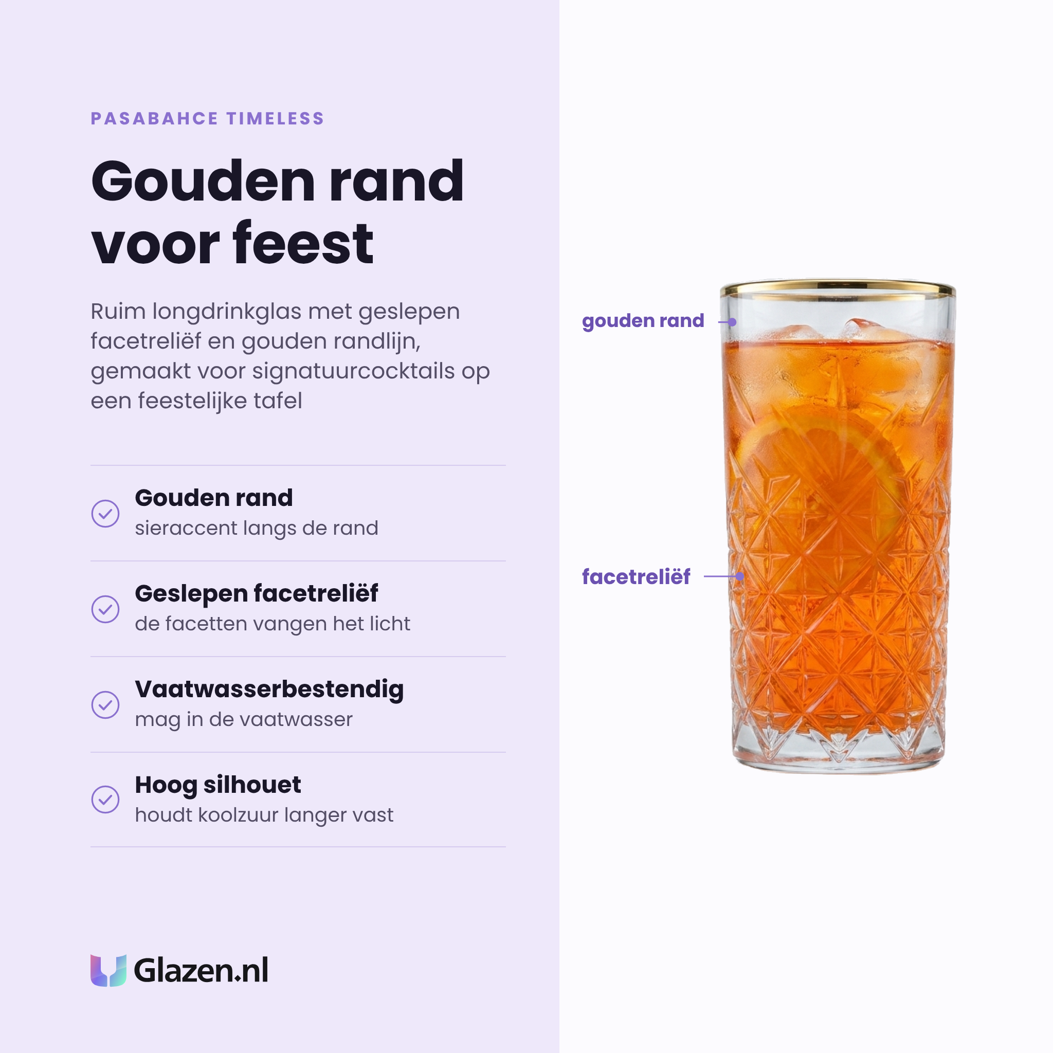Pasabahce Timeless longdrinkglas 45 cl eigenschappen: gouden rand, geslepen facetreliëf, vaatwasserbestendig, hoog silhouet