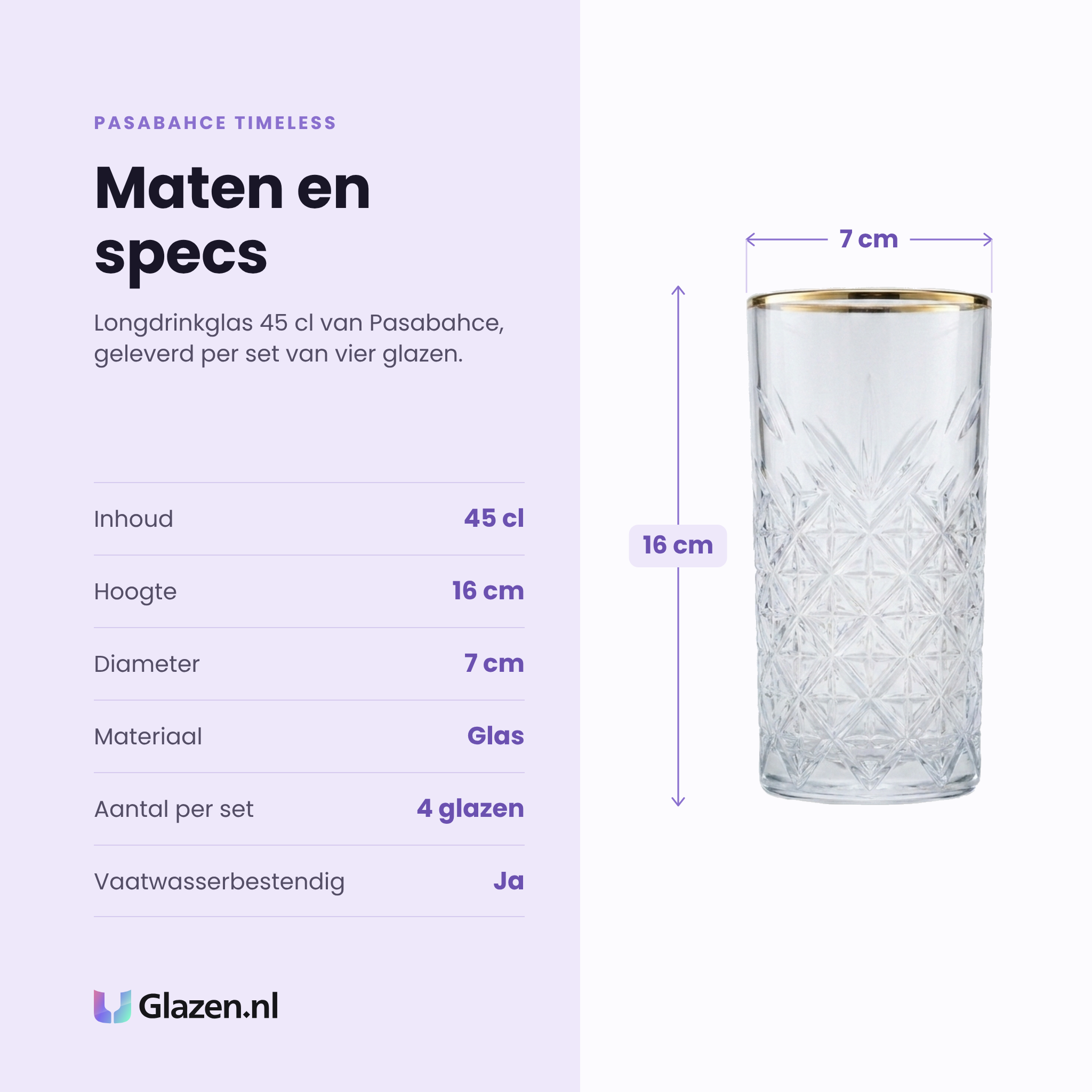 Pasabahce Timeless longdrinkglas 45 cl specificaties: inhoud 45 cl, hoogte 16 cm, diameter 7 cm, glas, set van 4