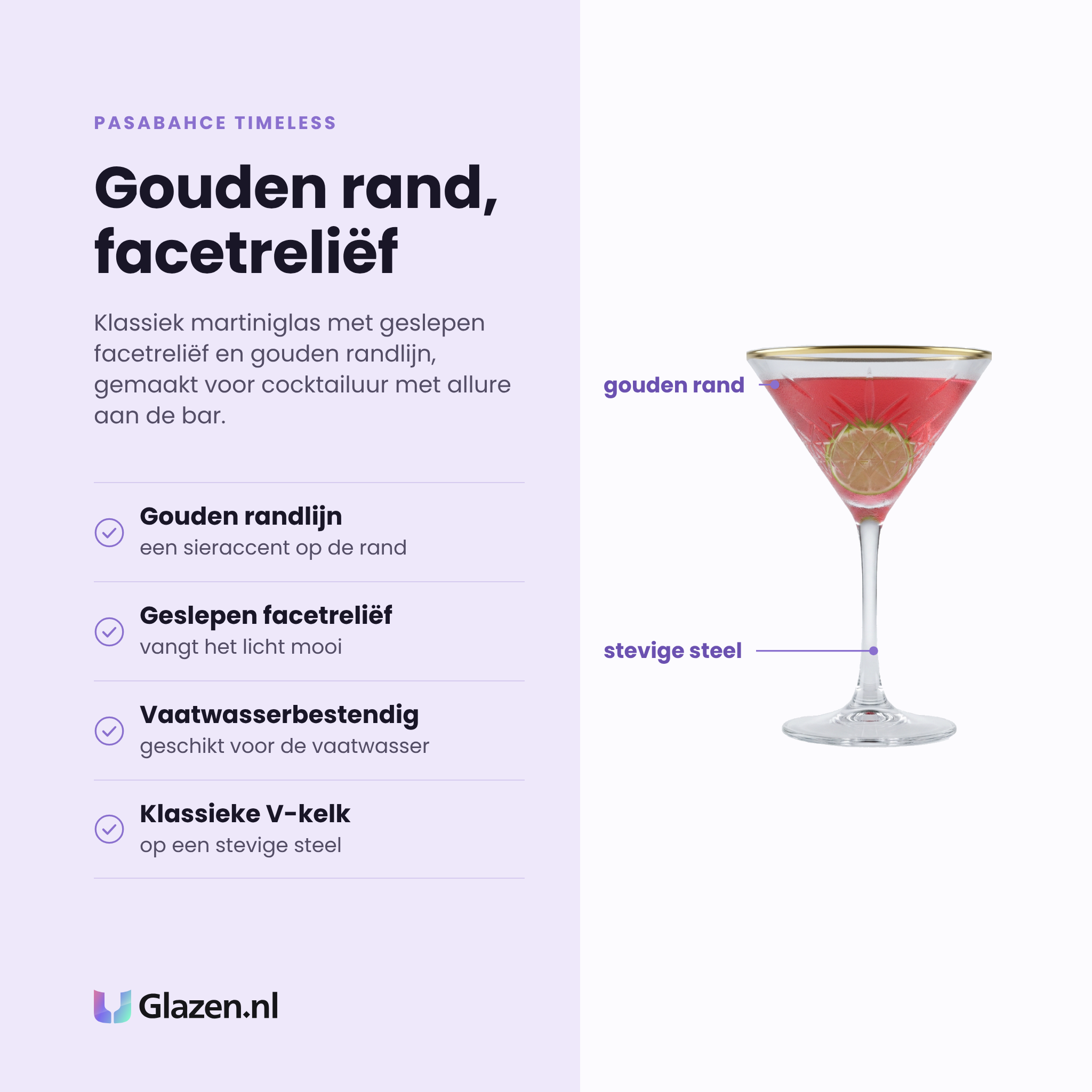 Pasabahce Timeless martiniglas 23 cl gouden rand eigenschappen: gouden randlijn, geslepen facetreliëf, vaatwasserbestendig, klassieke v-kelk