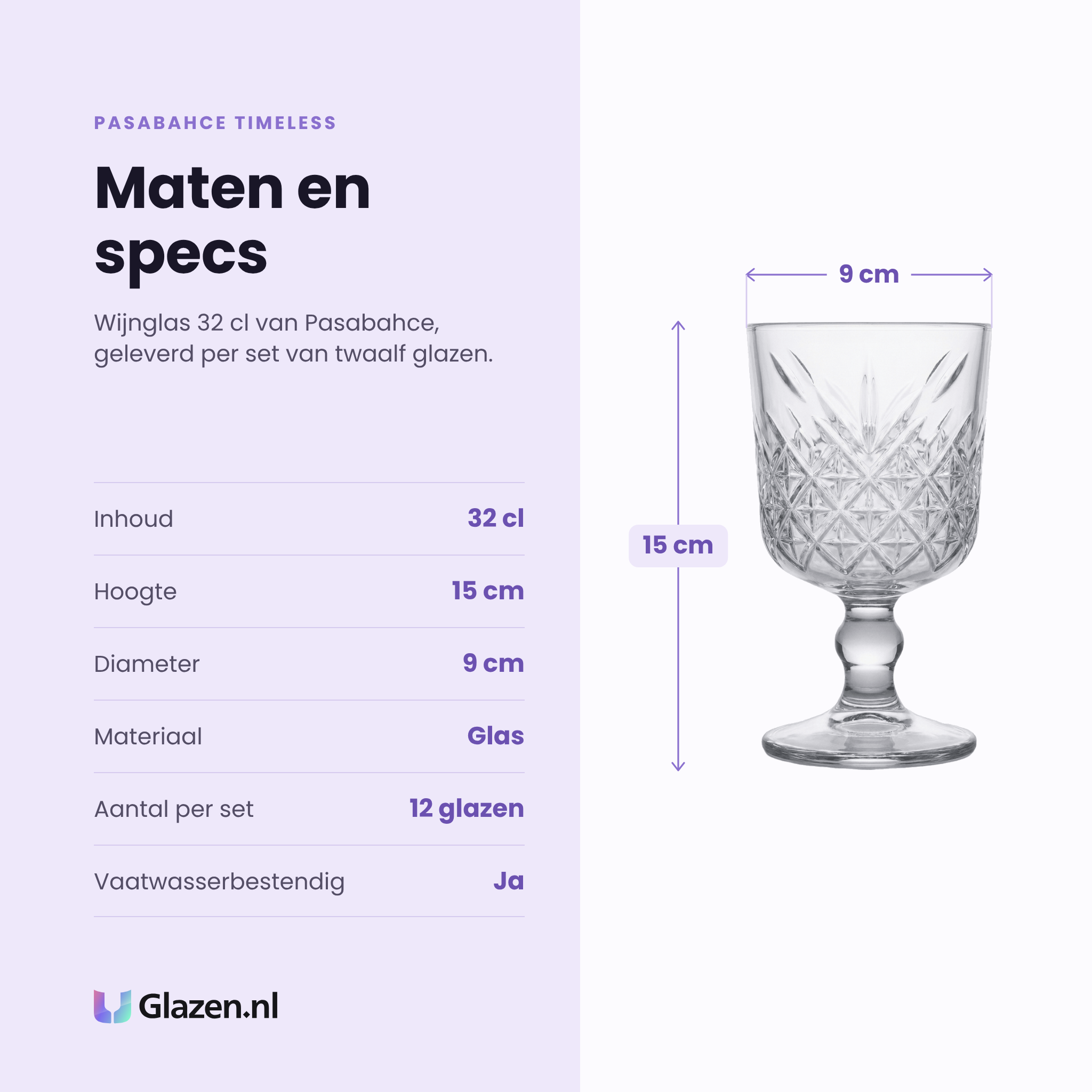 Pasabahce Timeless wijnglas 32 cl specificaties: inhoud 32 cl, hoogte 15 cm, diameter 9 cm, glas, set van 12