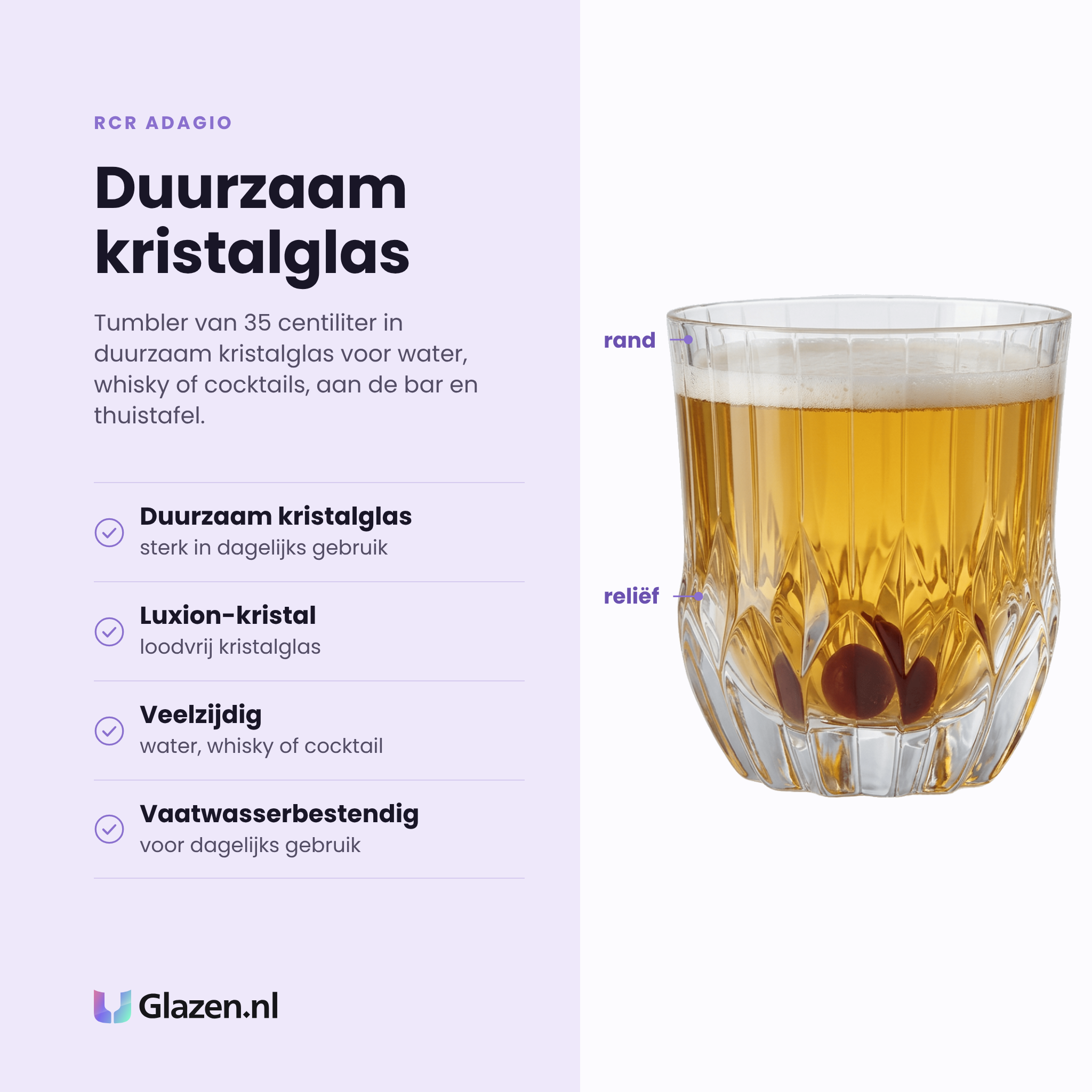 RCR Adagio tumbler 35 cl eigenschappen: duurzaam kristalglas, loodvrij Luxion-kristal, veelzijdig voor water whisky en cocktails, vaatwasserbestendig