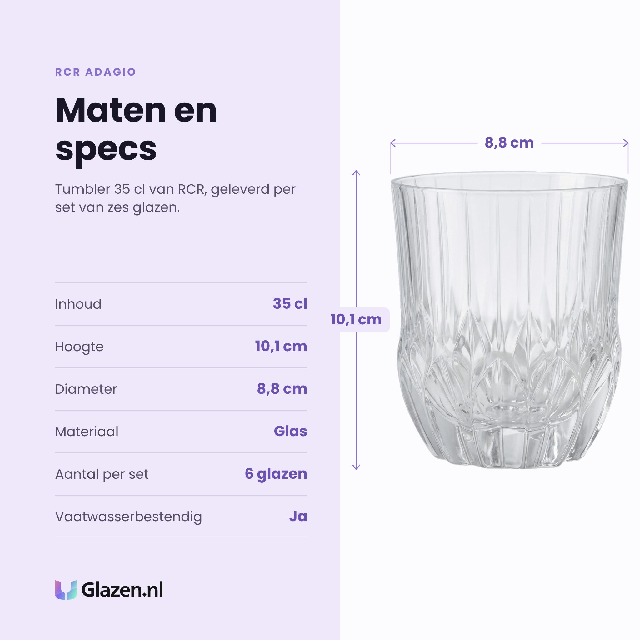 RCR Adagio tumbler 35 cl specificaties: inhoud 35 cl, hoogte 10,1 cm, diameter 8,8 cm, glas, set van 6