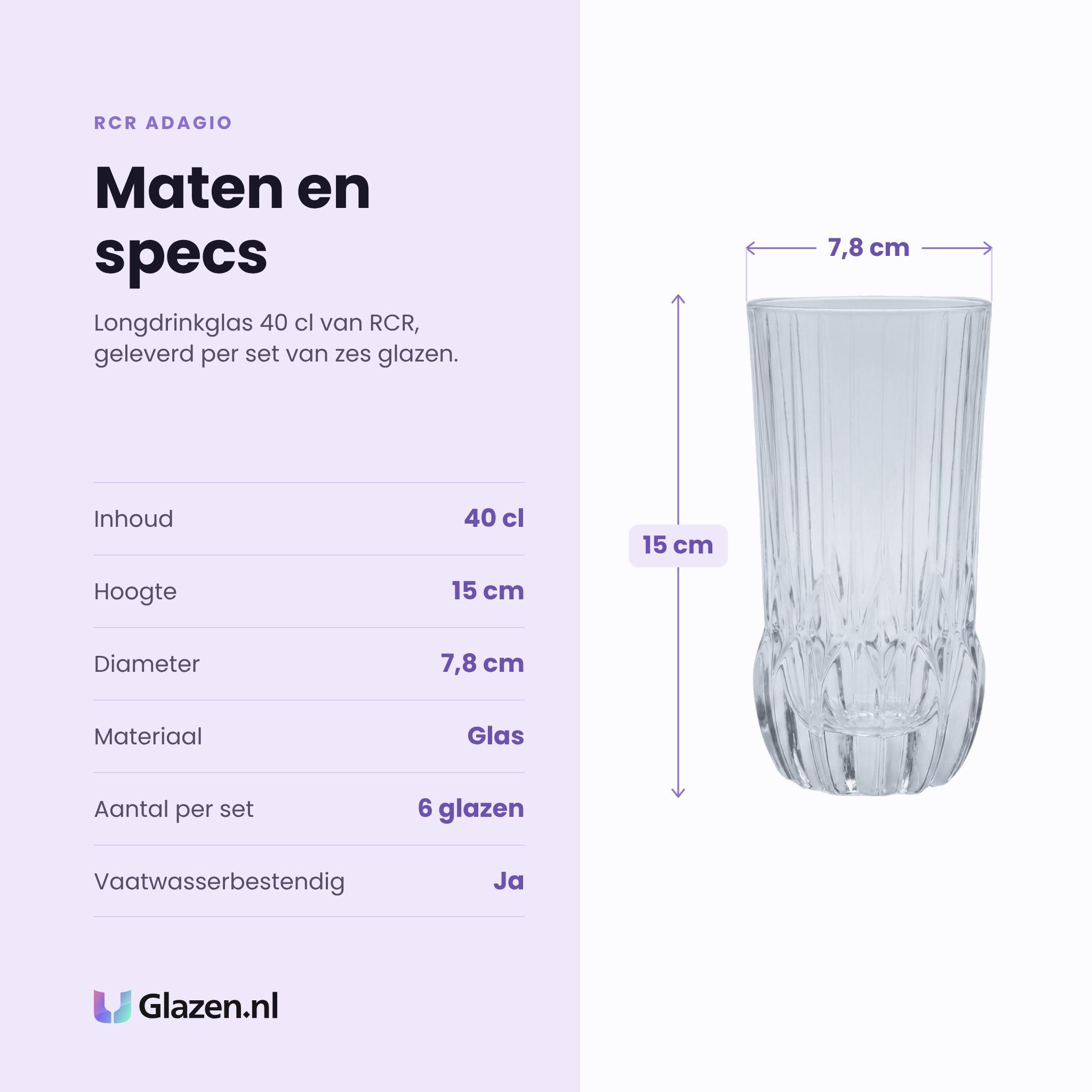 RCR Adagio longdrinkglas 40 cl specificaties: inhoud 40 cl, hoogte 15 cm, diameter 7,8 cm, glas, set van 6