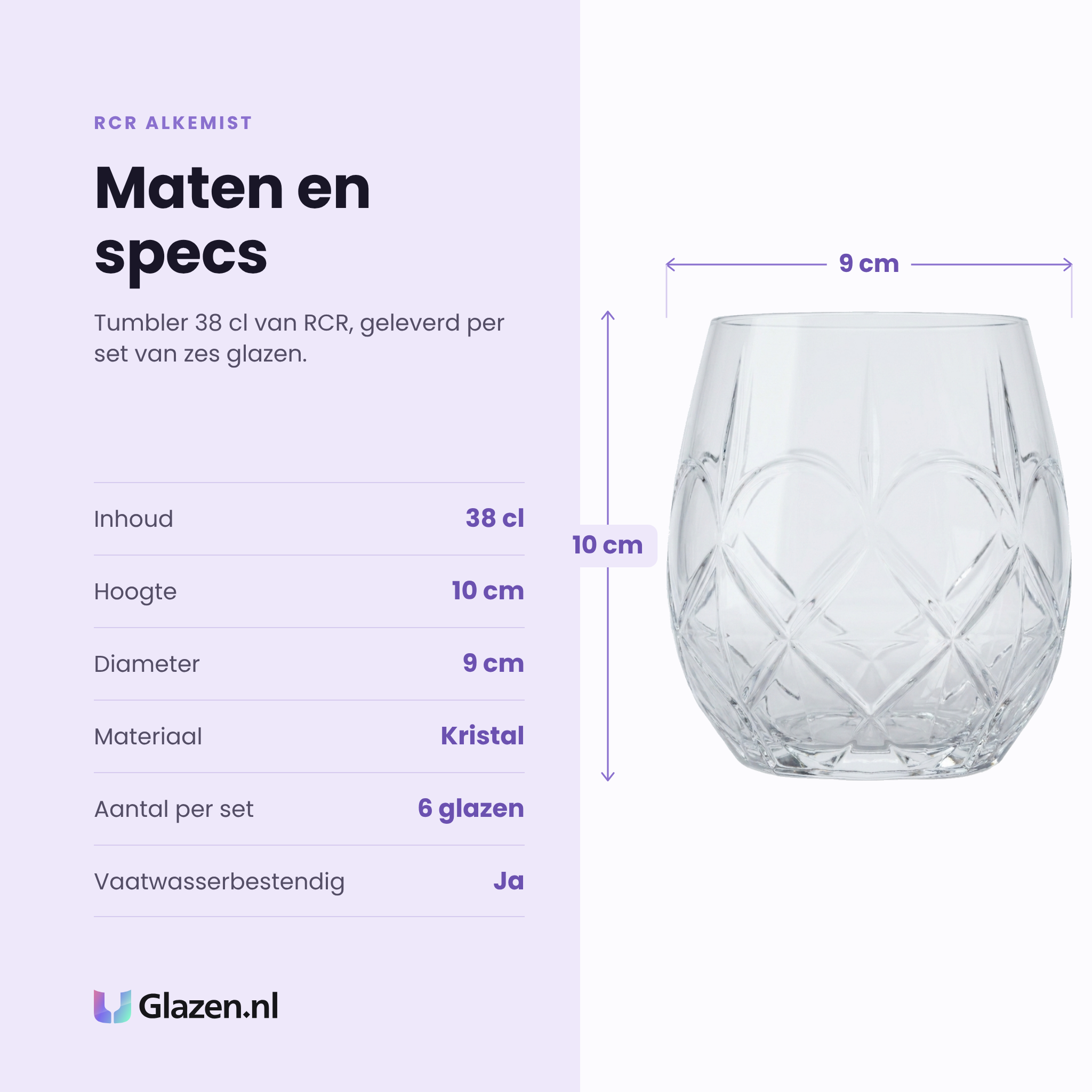 RCR Alkemist tumbler 38 cl specificaties: inhoud 38 cl, hoogte 10 cm, diameter 9 cm, kristal, set van 6