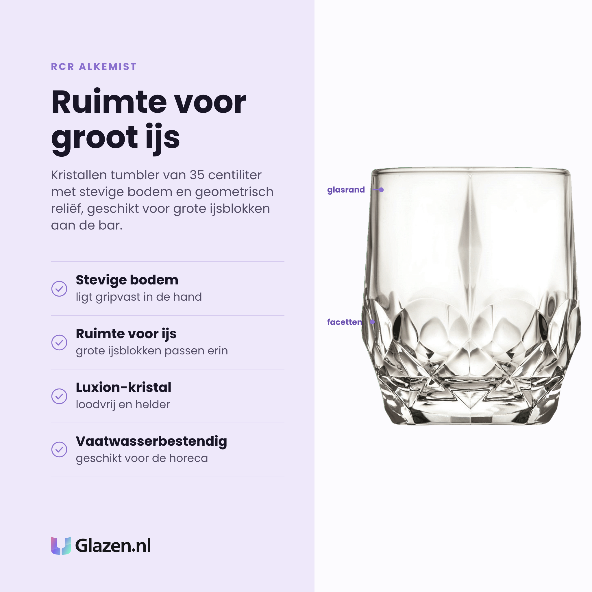RCR Alkemist tumbler 35 cl eigenschappen: stevige bodem, ruimte voor grote ijsblokken, loodvrij Luxion-kristal, vaatwasserbestendig