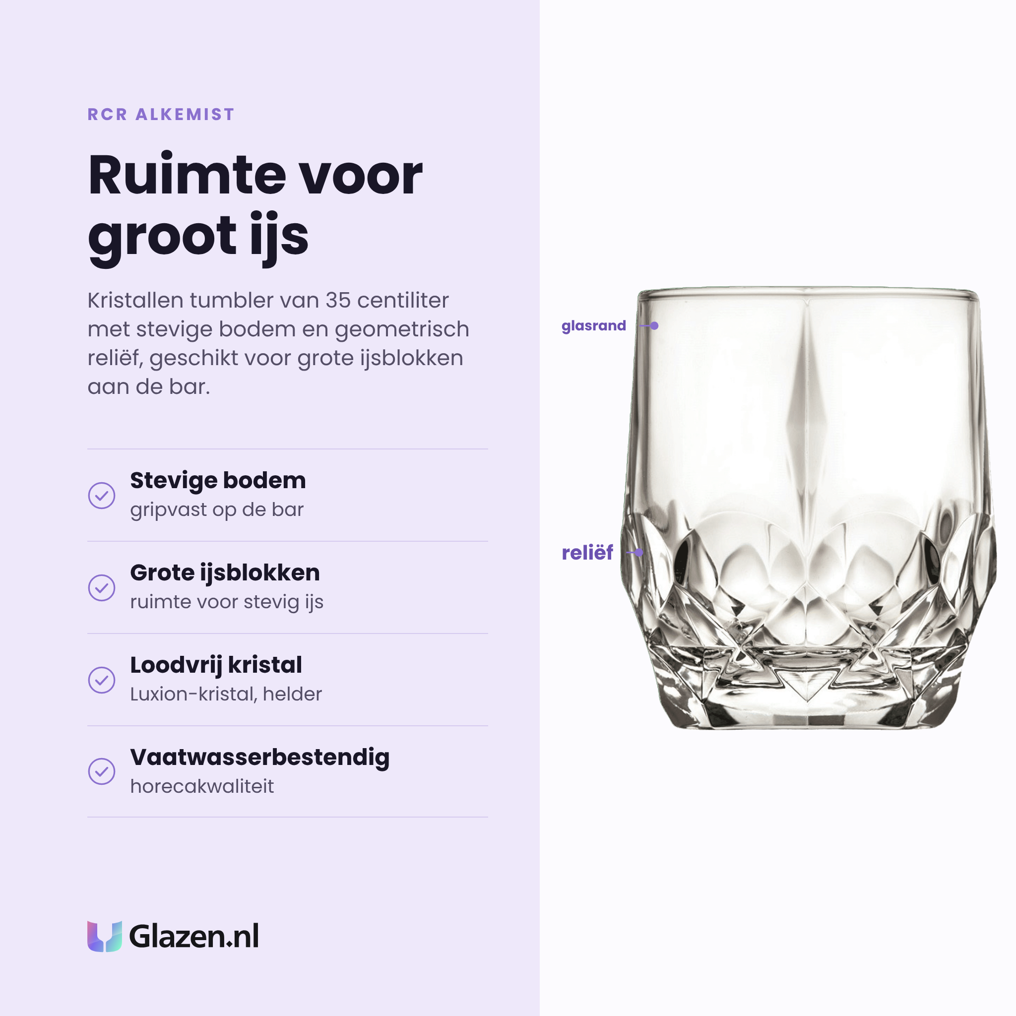 RCR Alkemist tumbler 35 cl eigenschappen: stevige bodem, ruimte voor grote ijsblokken, loodvrij Luxion-kristal, vaatwasserbestendig