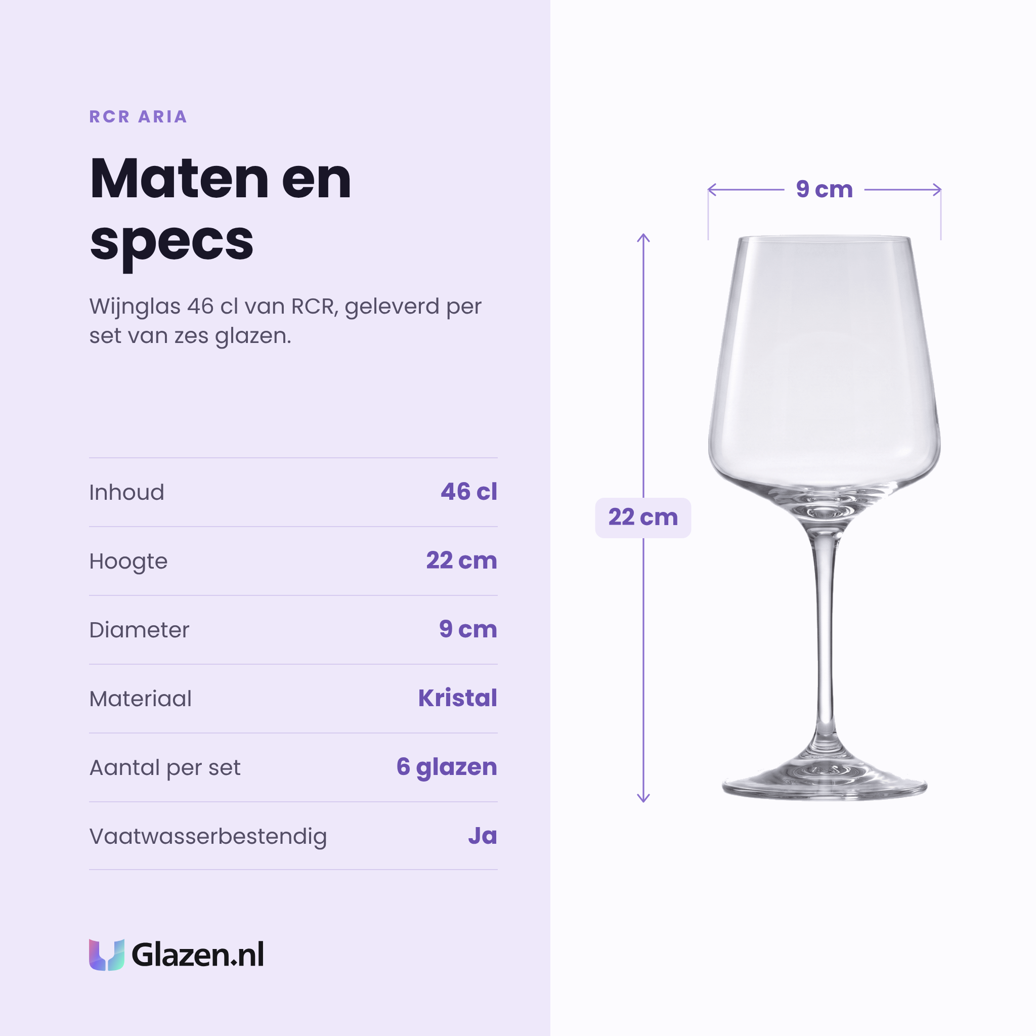 RCR Aria wijnglas 46 cl specificaties: inhoud 46 cl, hoogte 22 cm, diameter 9 cm, kristal, set van 6