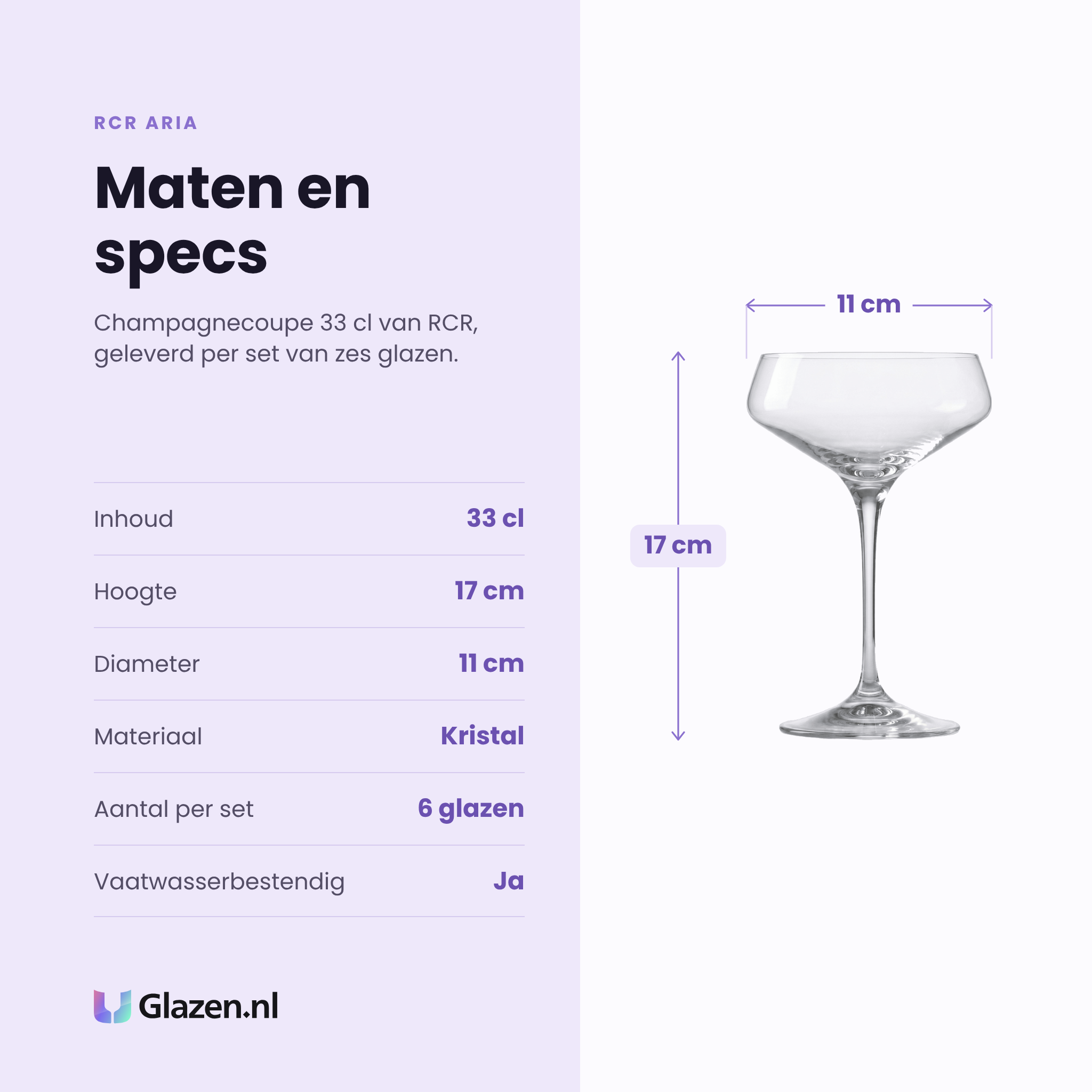 RCR Aria champagnecoupe 33 cl specificaties: inhoud 33 cl, hoogte 17 cm, diameter 11 cm, kristal, set van 6